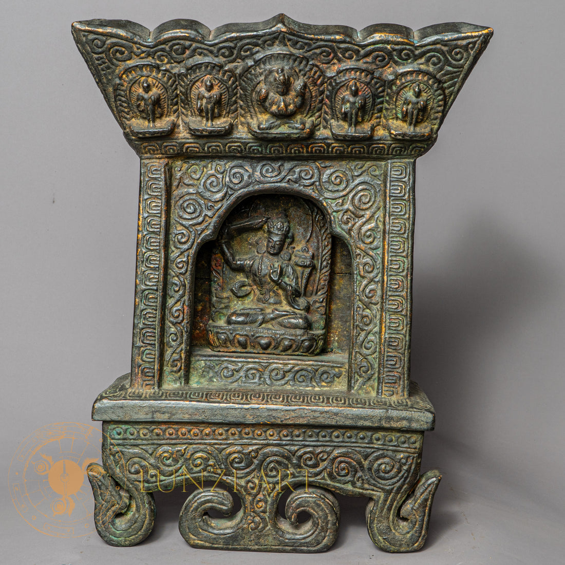 Handcrafted Wooden & Clay Manjushree Shrinework Altar – Antique Style Himalayan Devotional Niche - w-s-sh-ma-0020