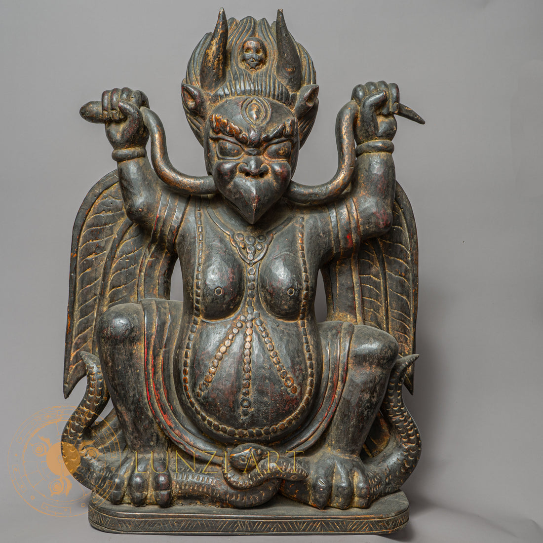 Handcrafted Wooden Garuda Statue – Antique Style Himalayan Guardian Carving - w-s-sh-gs-0014