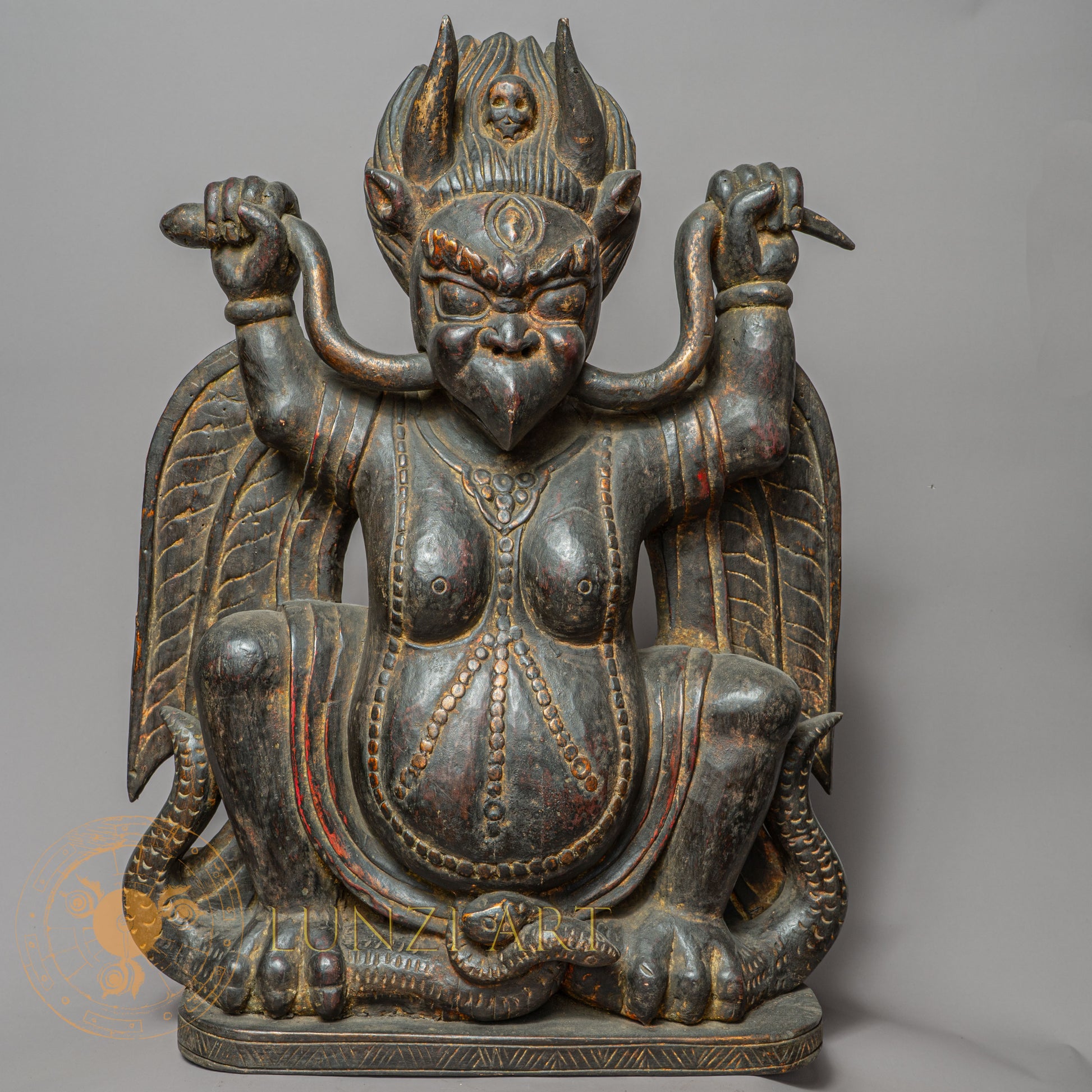 Handcrafted Wooden Garuda Statue – Antique Style Himalayan Guardian Carving - w-s-sh-gs-0014