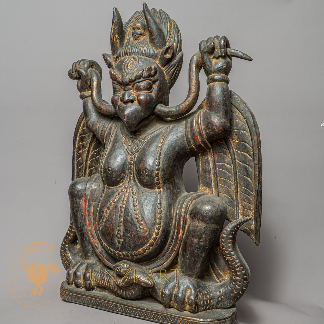Handcrafted Wooden Garuda Statue – Antique Style Himalayan Guardian Carving - w-s-sh-gs-0014