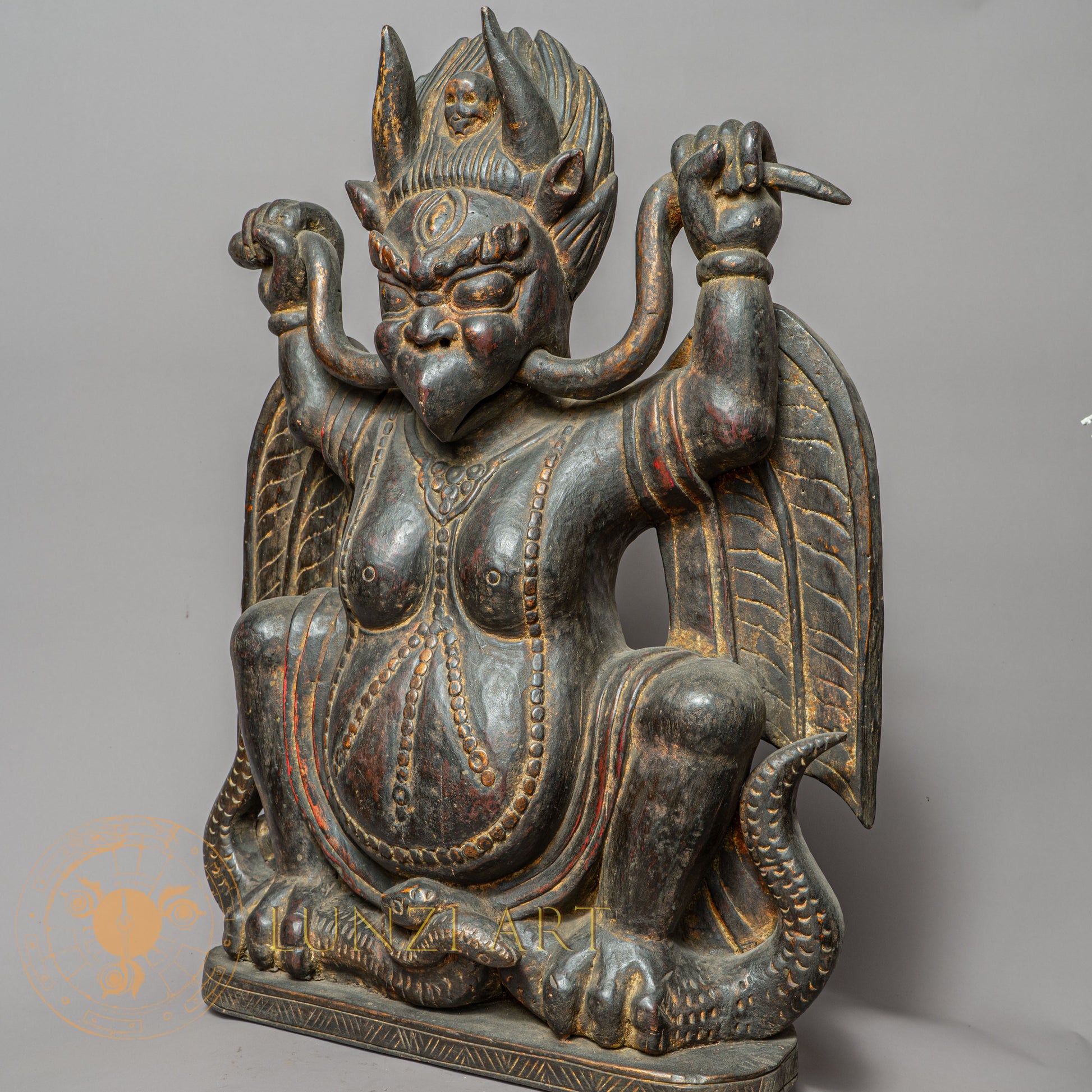 Handcrafted Wooden Garuda Statue – Antique Style Himalayan Guardian Carving - w-s-sh-gs-0014