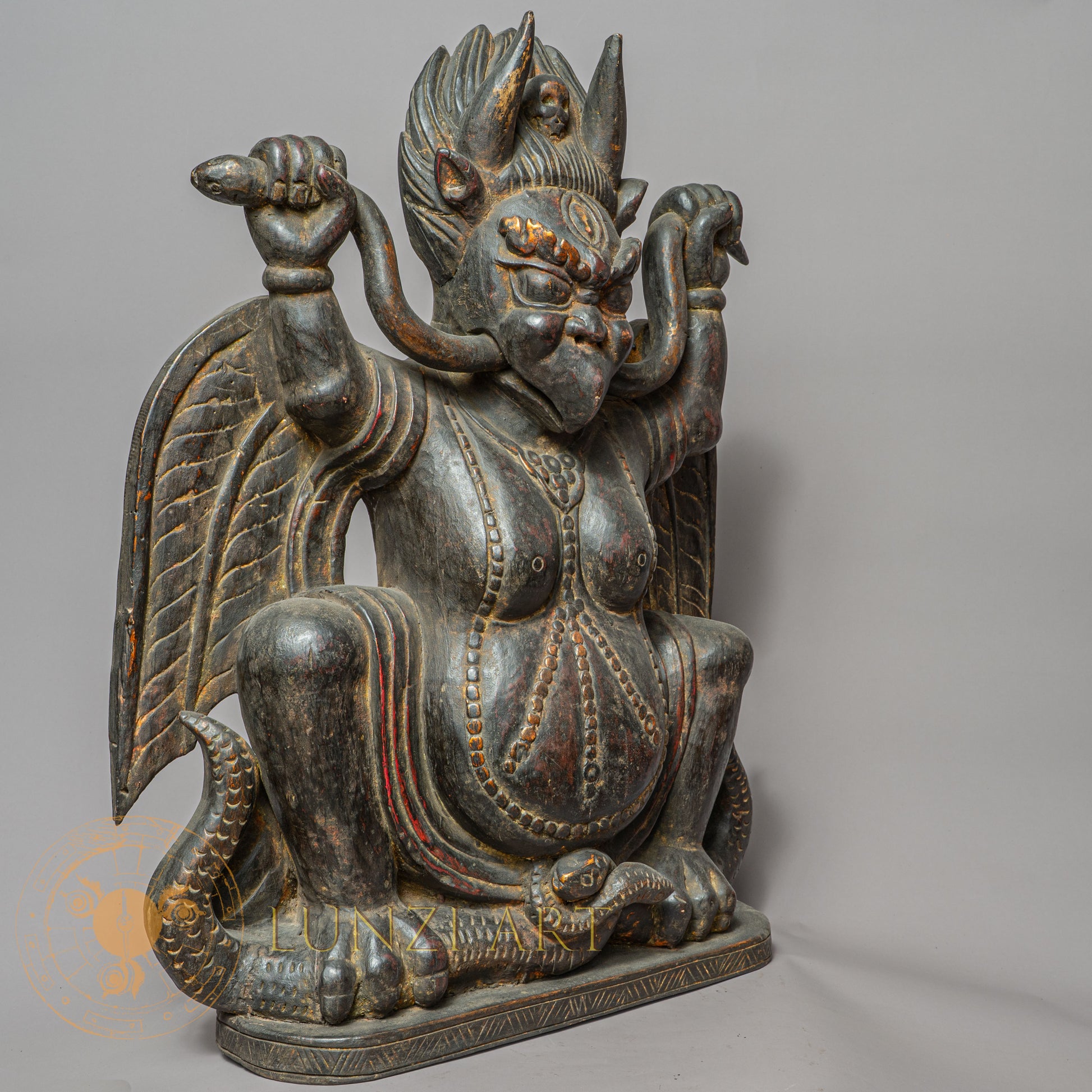 Handcrafted Wooden Garuda Statue – Antique Style Himalayan Guardian Carving - w-s-sh-gs-0014
