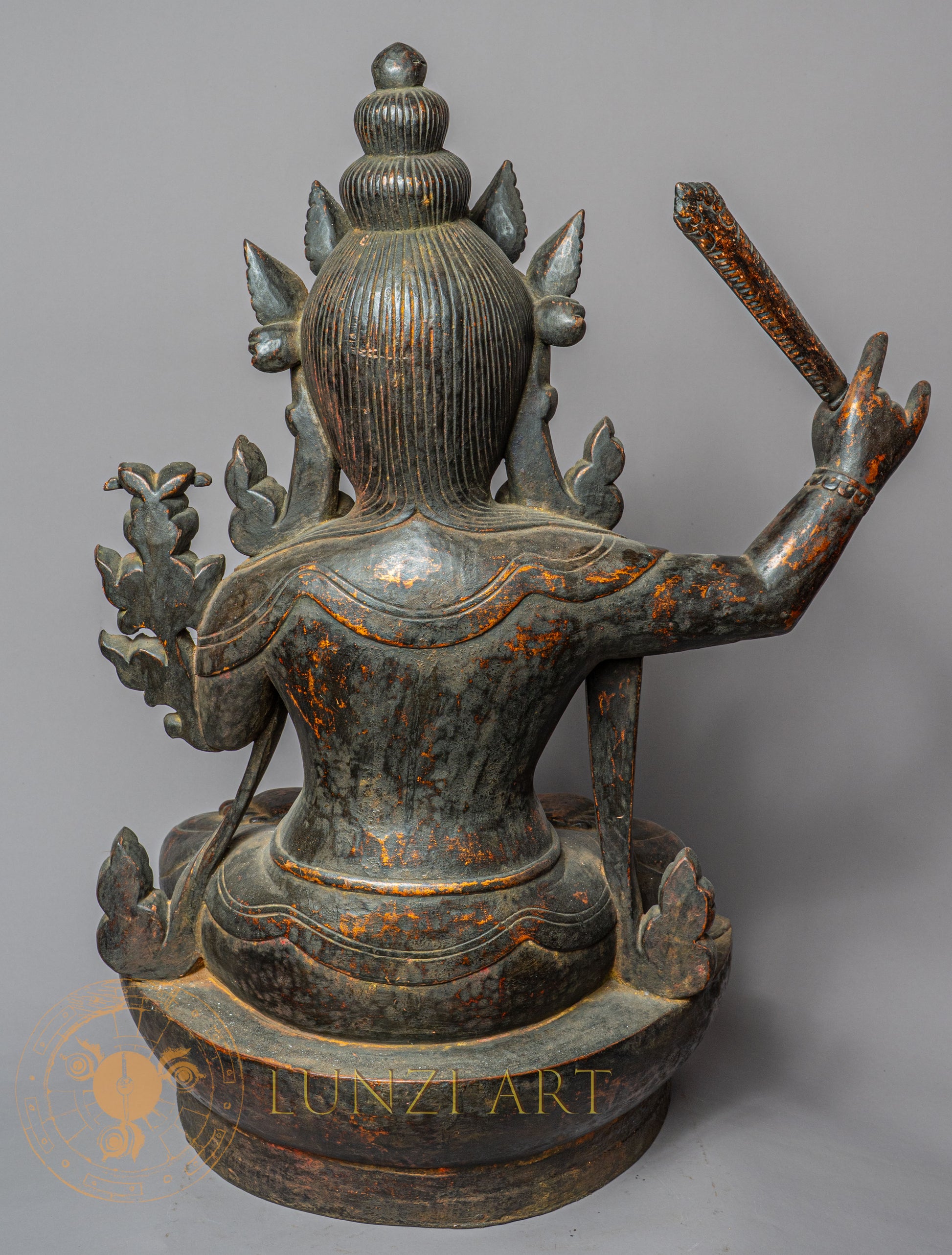 Handcrafted Wooden Manjushree Statue – Antique Style Bodhisattva of Wisdom Carving - w-s-sh-ms-0019