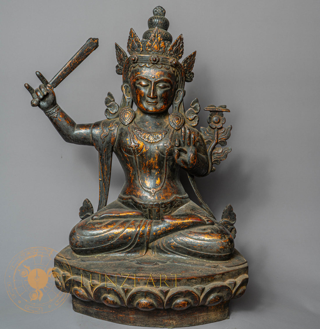 Handcrafted Wooden Manjushree Statue – Antique Style Bodhisattva of Wisdom Carving - w-s-sh-ms-0019