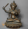 Handcrafted Wooden Manjushree Statue – Antique Style Bodhisattva of Wisdom Carving - w-s-sh-ms-0019