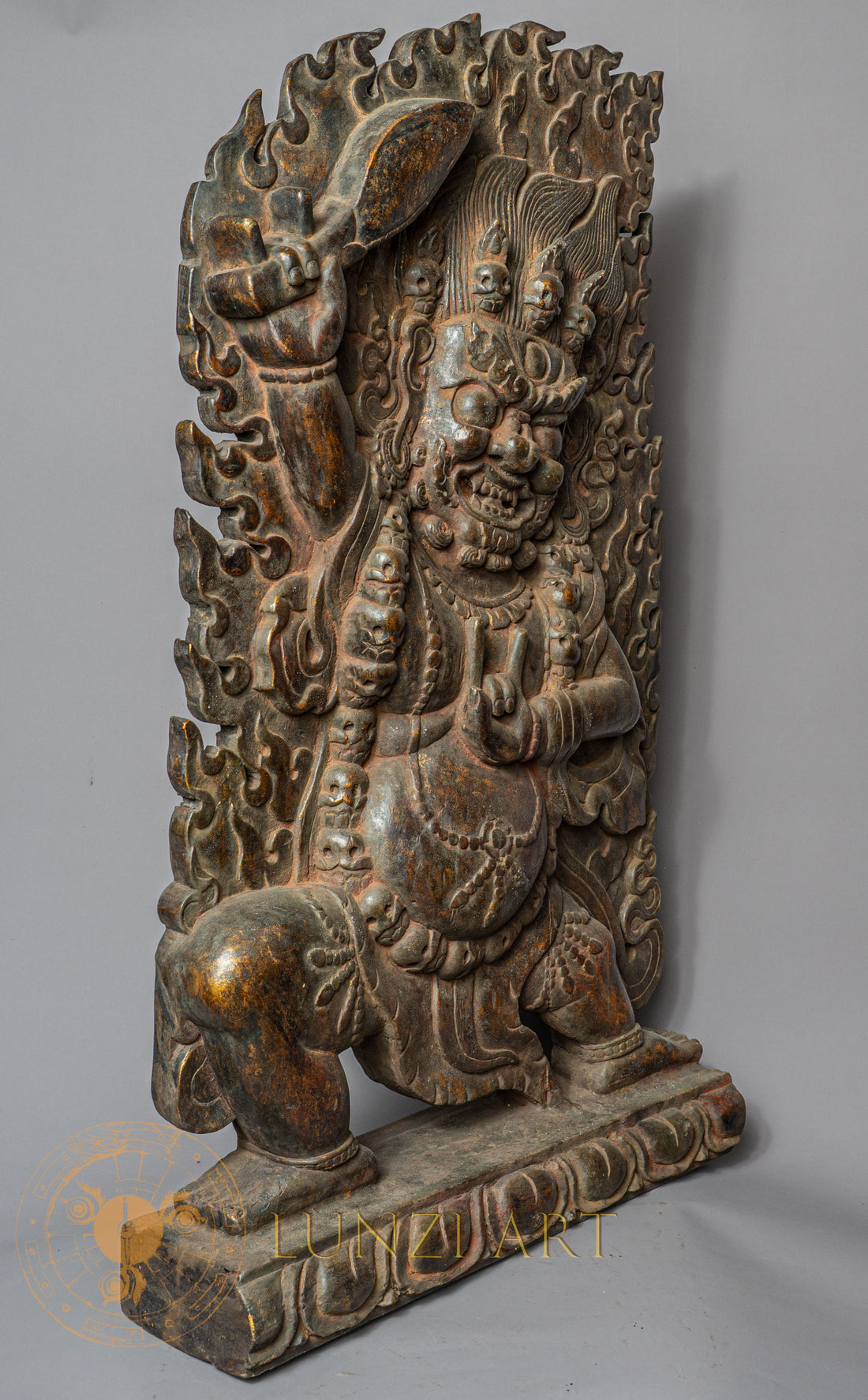 Handcrafted Wooden Vajrapani Statue – Antique Style Wrathful Protector Carving - w-s-sh-vs-0018