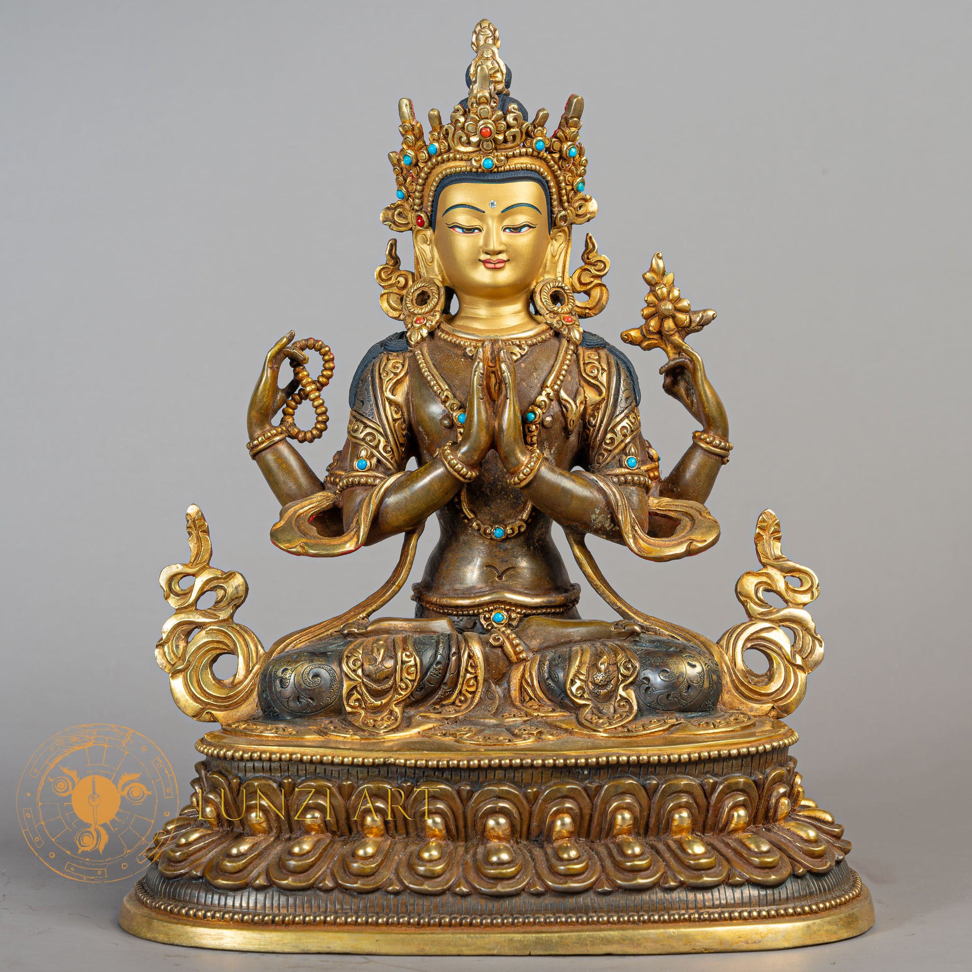 Handmade Chenrezig Statue | Half Gold-Plated Copper - S-B-RM-HG-C-C-00185
