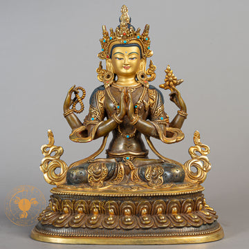 Handmade Chenrezig Statue | Half Gold-Plated Copper - S-B-RM-HG-C-C-00185