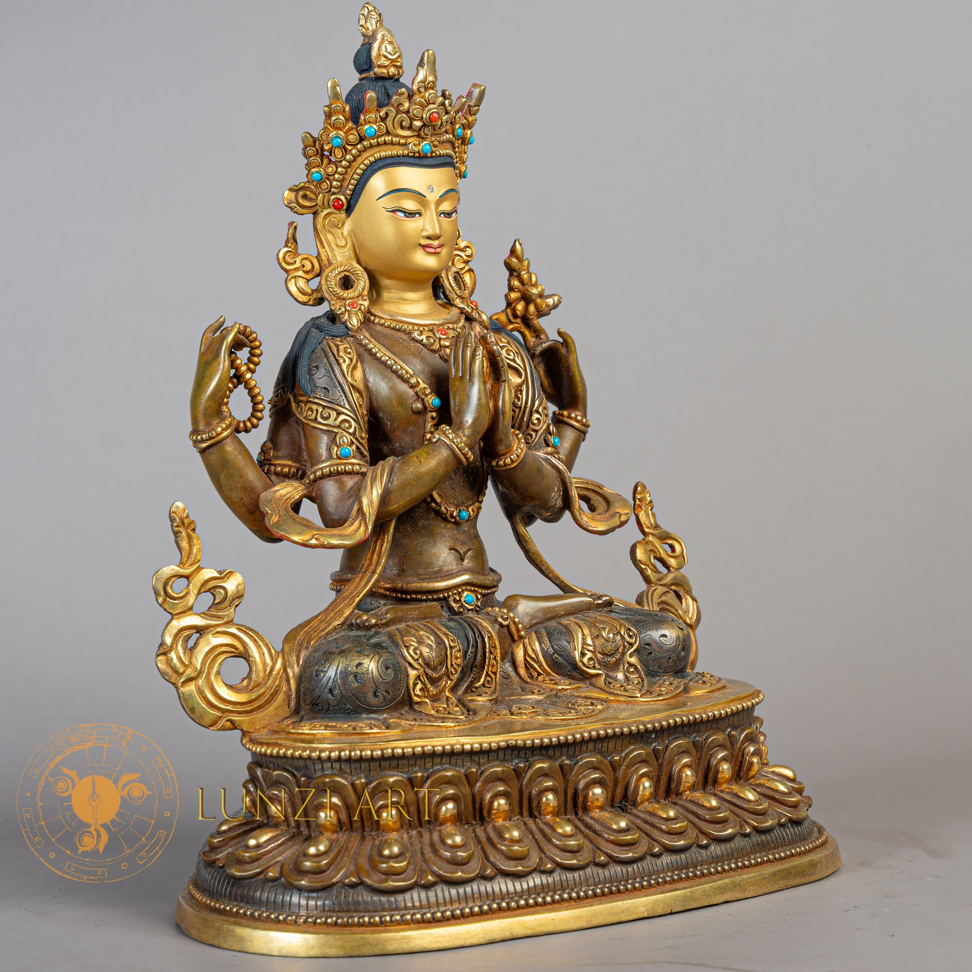 Handmade Chenrezig Statue | Half Gold-Plated Copper - S-B-RM-HG-C-C-00185