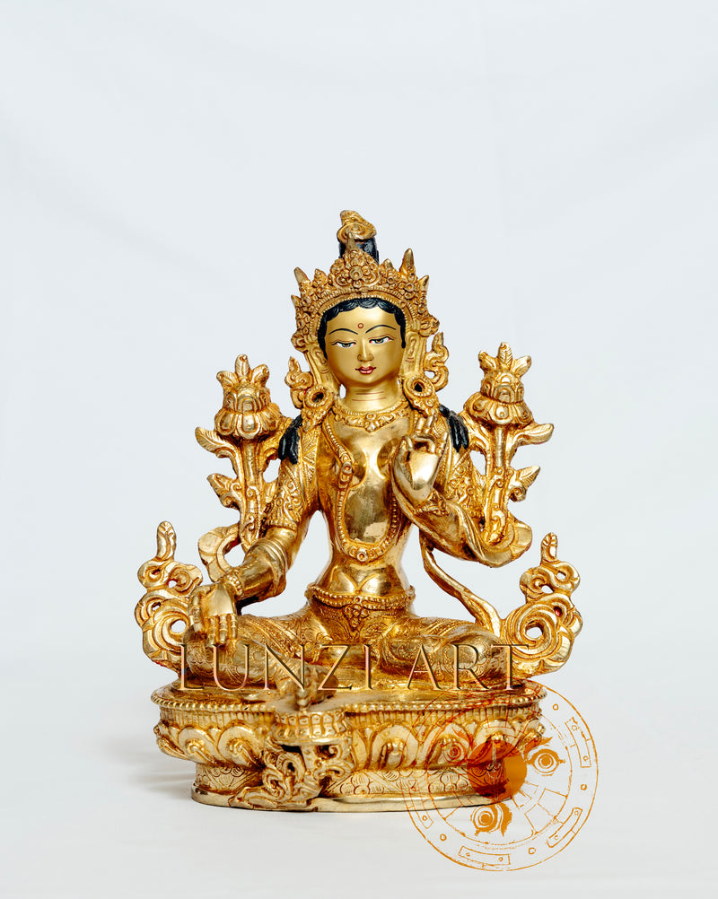 Handmade Green Tara Statue | 24k Gold Plated Brass - S-B-HT-FG-CG-GT-0004
