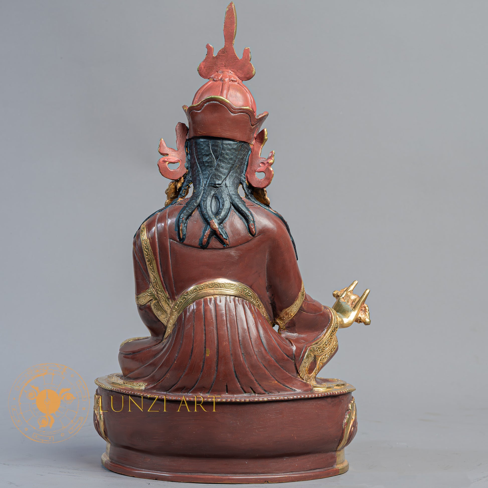 Handmade Guru Rinpoche with Yeshe Tsogyal & Mandarava Statue | Half Gold-Plated Copper - S-B-BA-HG-C-GR-00172