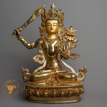 Handmade Manjushri Statue | Fully Gold-Plated Copper - S-B-HT-FG-C-M-0142