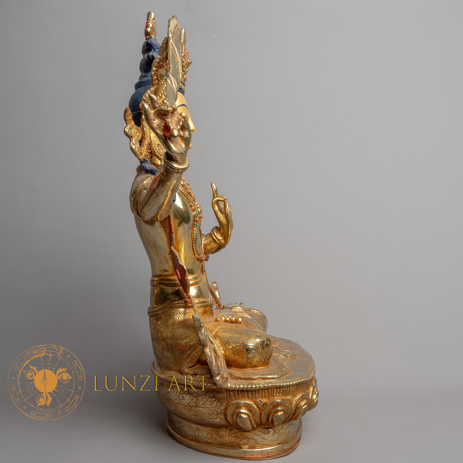 Handmade Manjushri Statue | Fully Gold-Plated Copper - S-B-HT-FG-C-M-0142