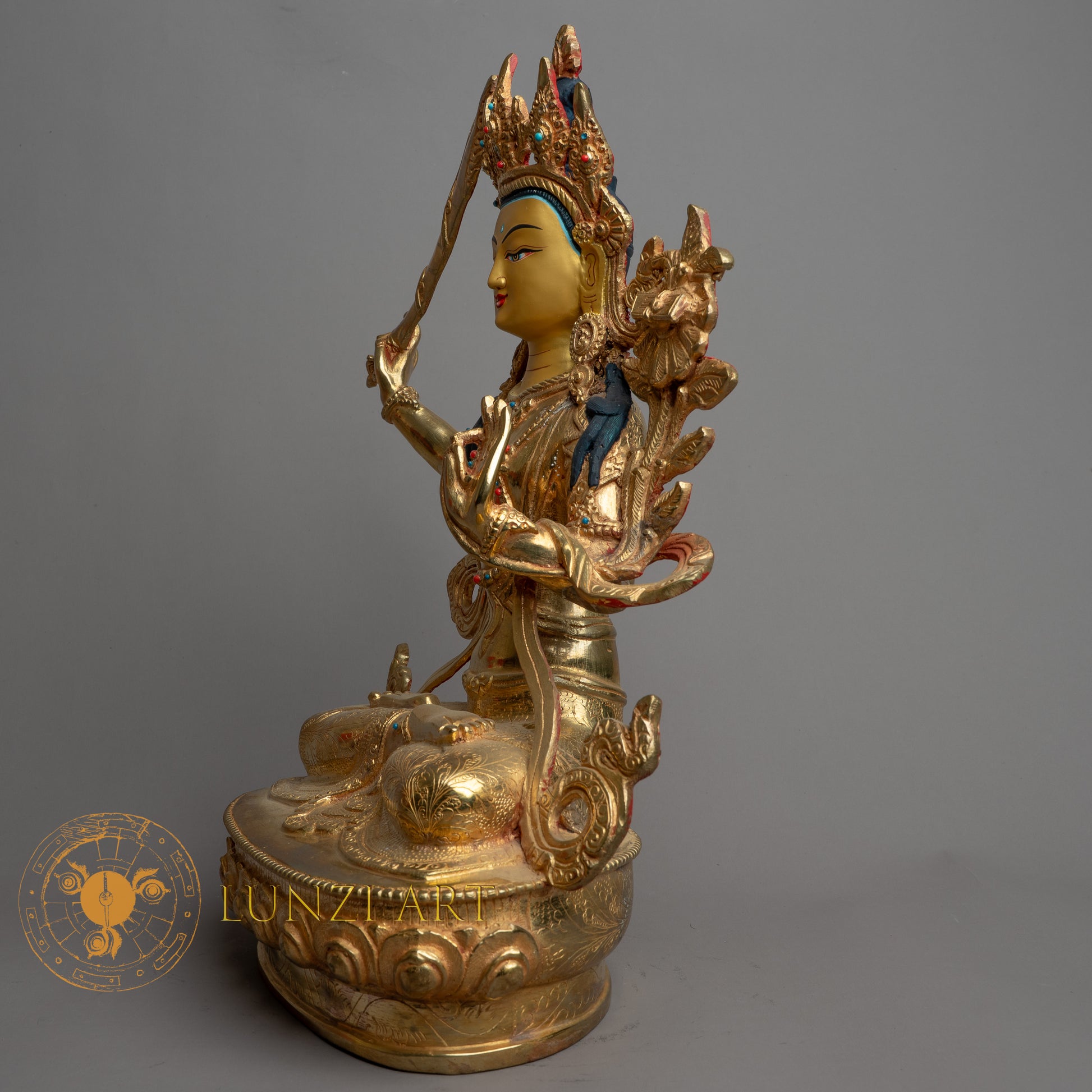 Handmade Manjushri Statue | Fully Gold-Plated Copper - S-B-HT-FG-C-M-0150