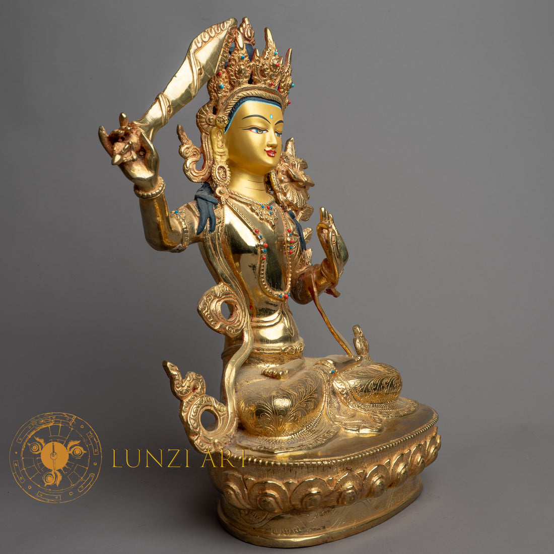 Handmade Manjushri Statue | Fully Gold-Plated Copper - S-B-HT-FG-C-M-0150
