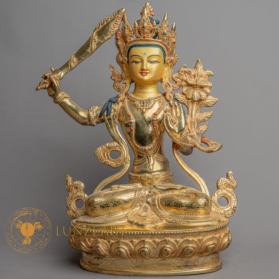 Handmade Manjushri Statue | Fully Gold-Plated Copper - S-B-HT-FG-C-M-0150