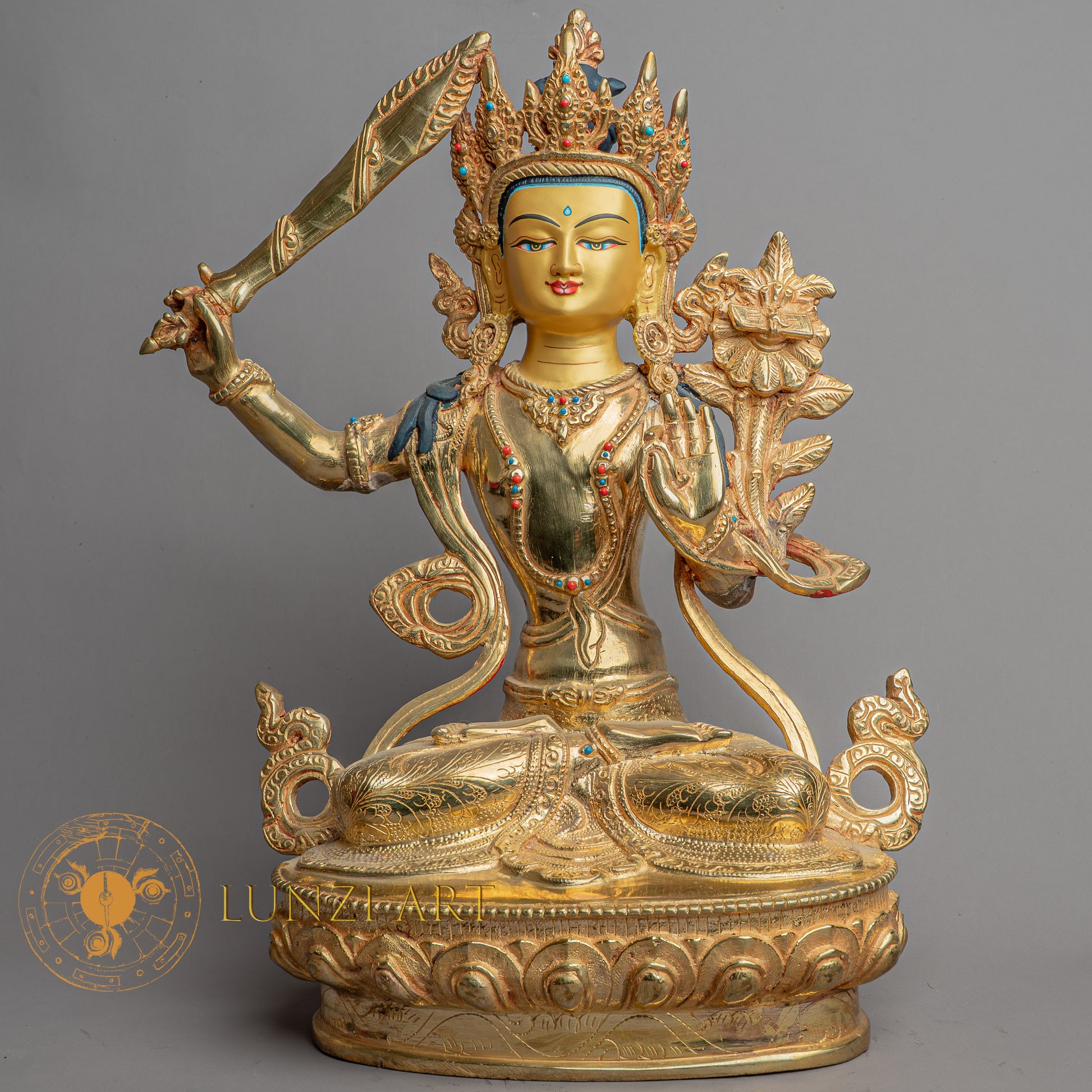 Handmade Manjushri Statue | Fully Gold-Plated Copper - S-B-HT-FG-C-M-0150