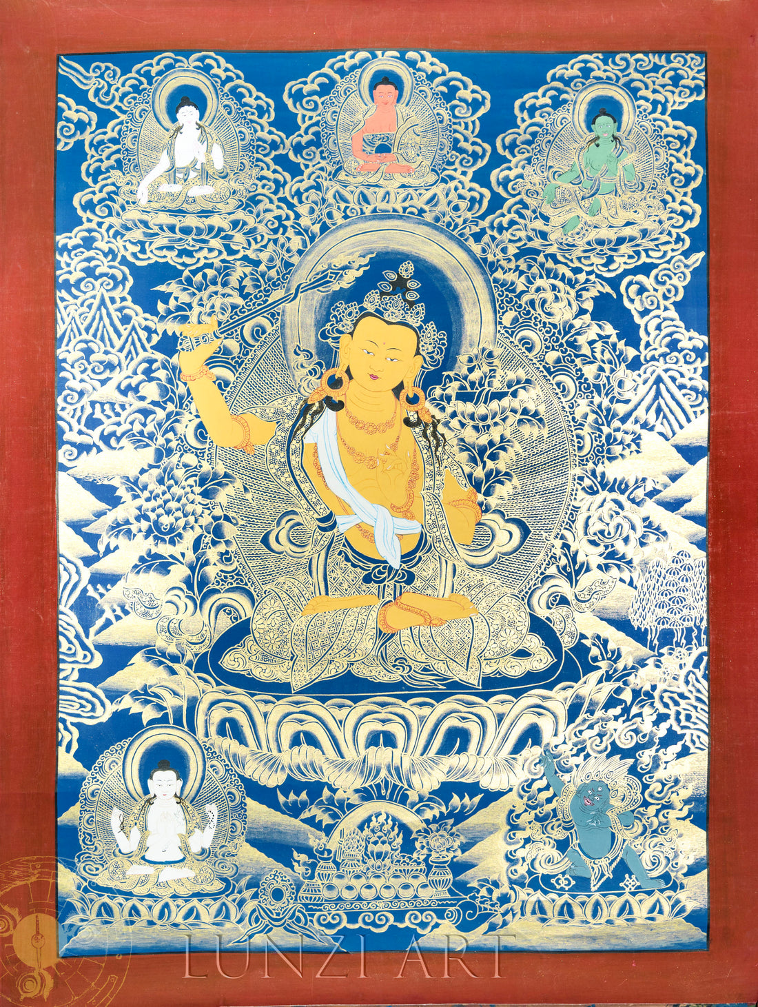 Handmade Manjushri Thangka: Blade of Transcendent Wisdom - Thangka