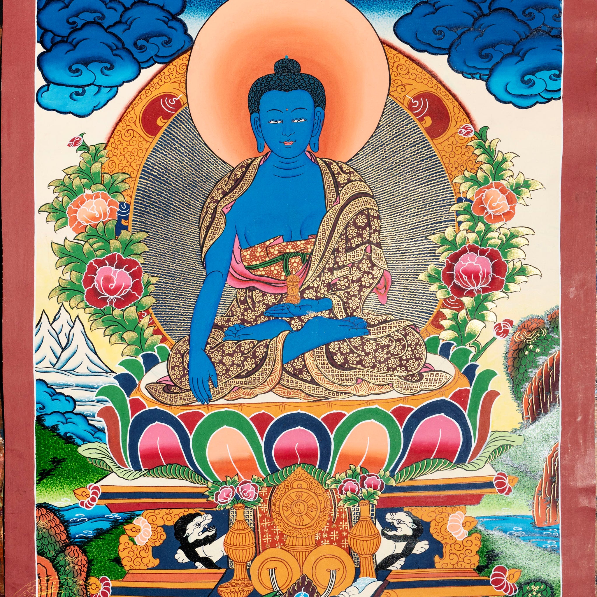Handmade Medicine Buddha Thangka: Healer of the Infinite Sky - Thangka