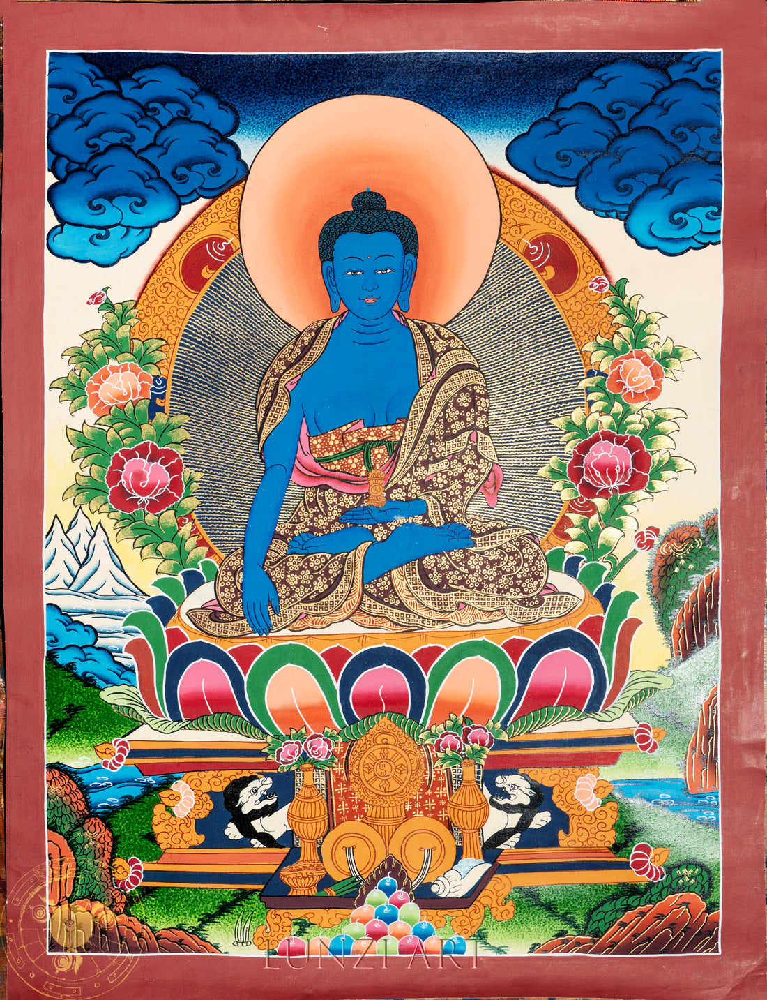Handmade Medicine Buddha Thangka: Healer of the Infinite Sky - Thangka