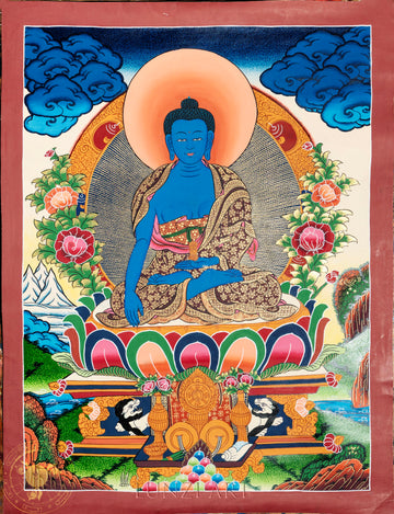 Handmade Medicine Buddha Thangka: Healer of the Infinite Sky - Thangka