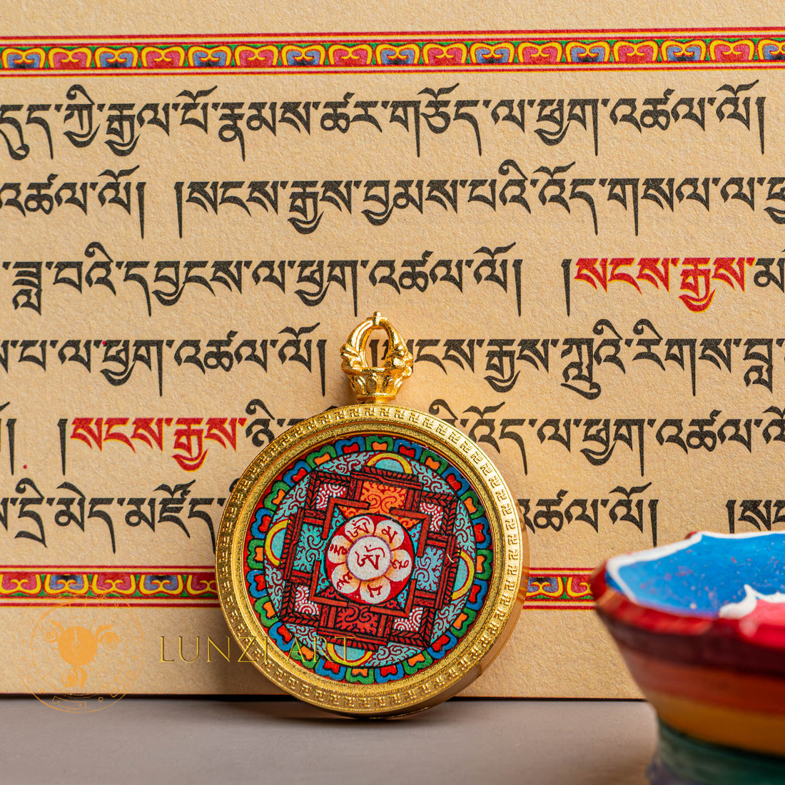 Handpainted Om Mantra Mandala Locket with Vajra Protector - L-M-42