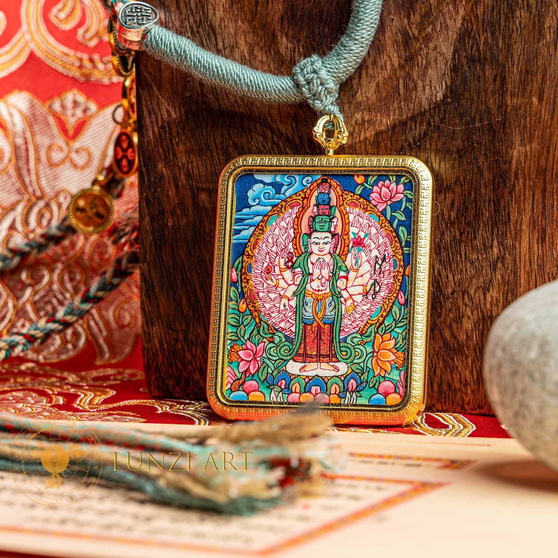Handpainted Thousand Armed Avalokiteshvara Locket Thangka - L-J-47-L-J-48-L-J-49