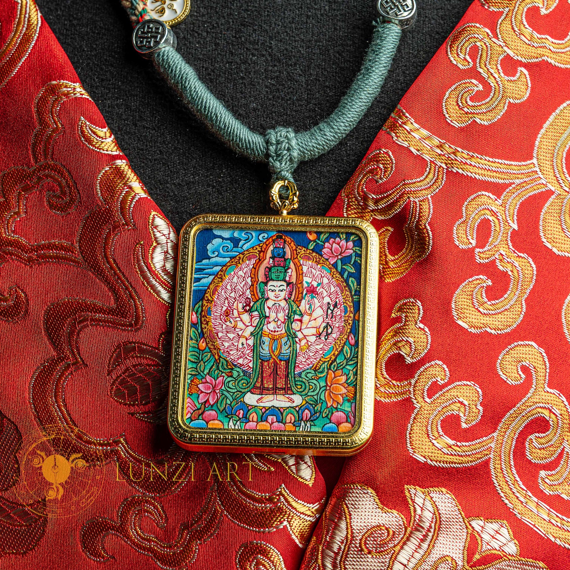 Handpainted Thousand Armed Avalokiteshvara Locket Thangka - L-J-47-L-J-48-L-J-49