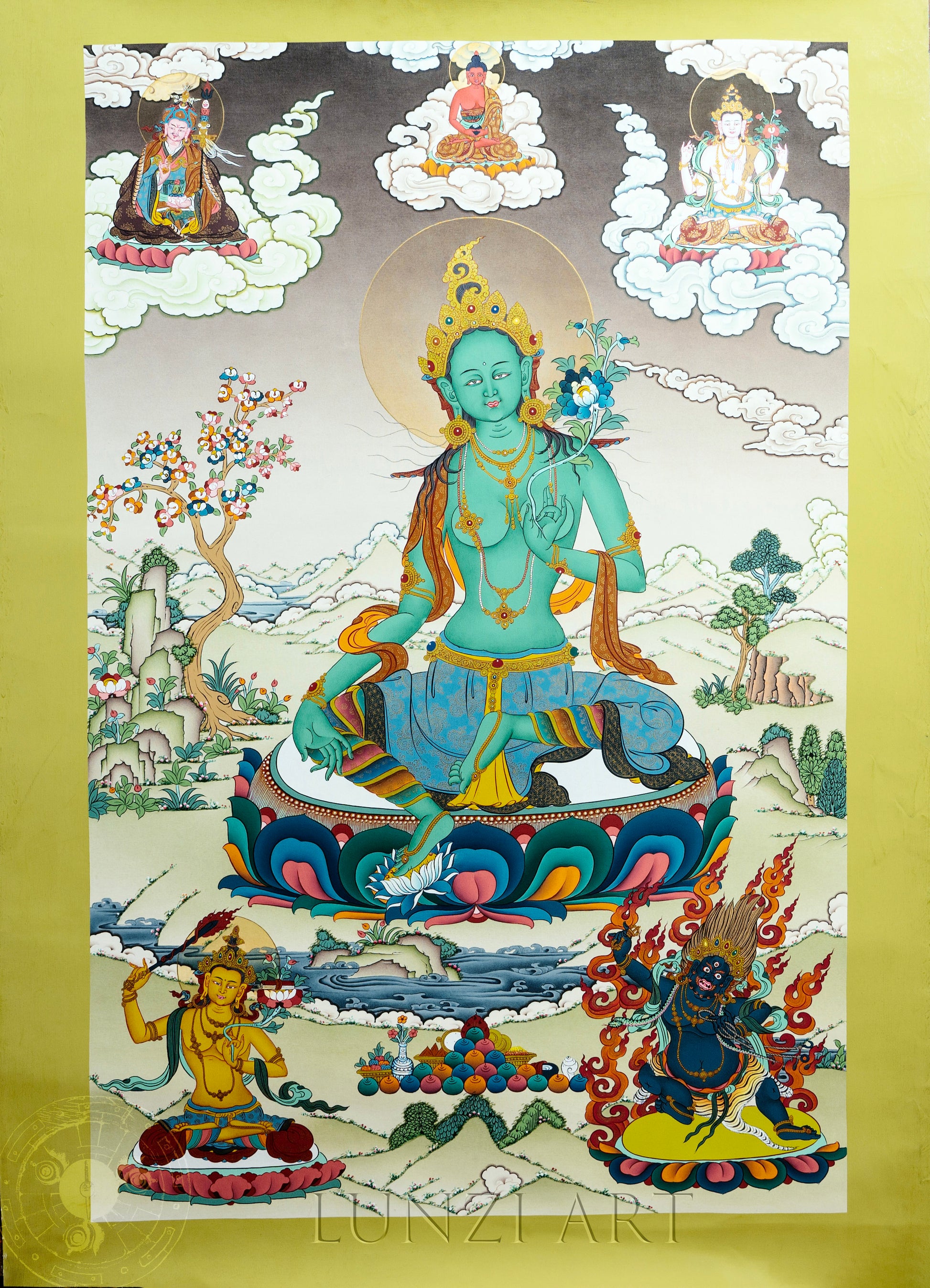 High level hand drawn masterpiece "Green Tara Thangka" Tibetan female Bodhisattva statue - T-B-HT-GB-AU-GT-0023