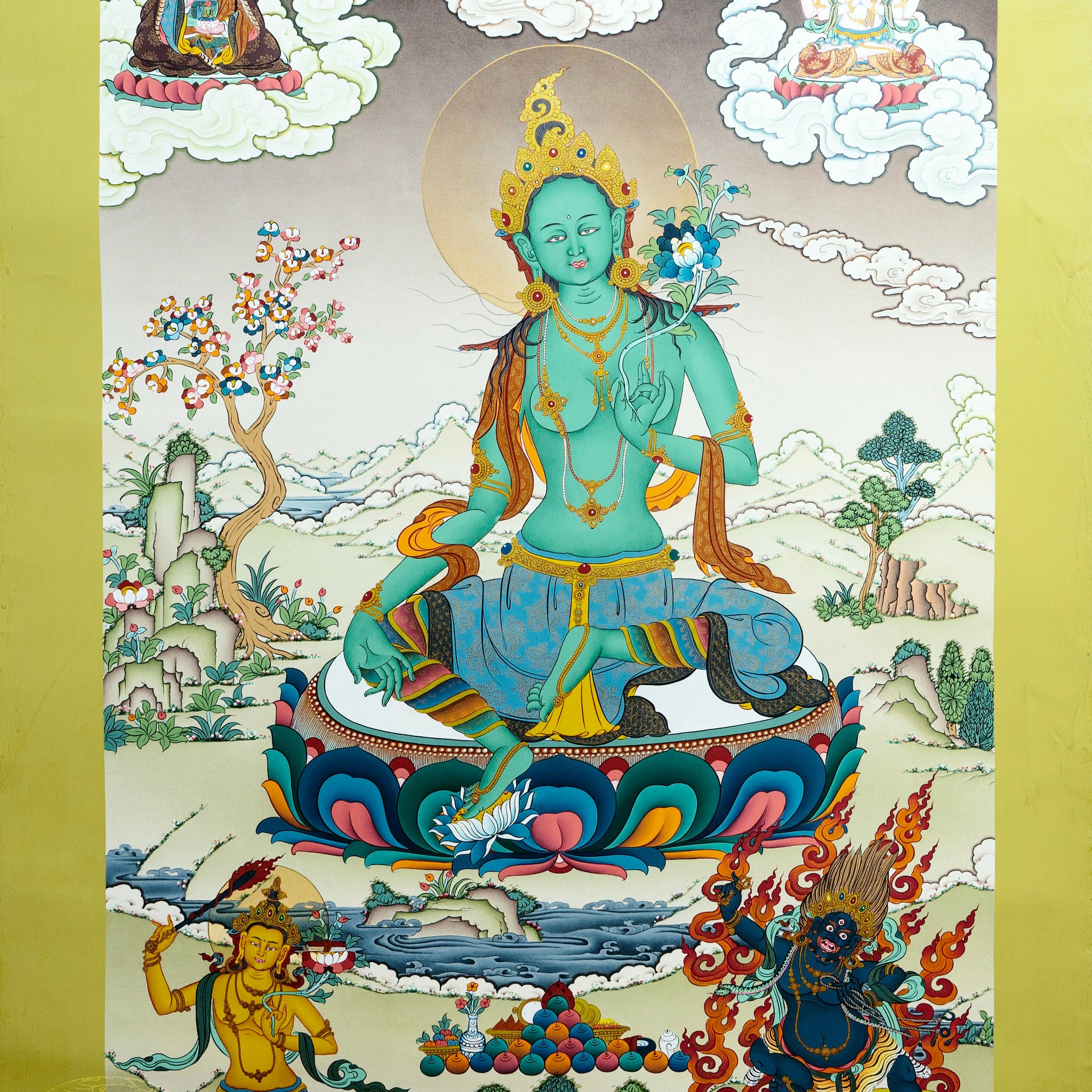 High level hand drawn masterpiece "Green Tara Thangka" Tibetan female Bodhisattva statue - 