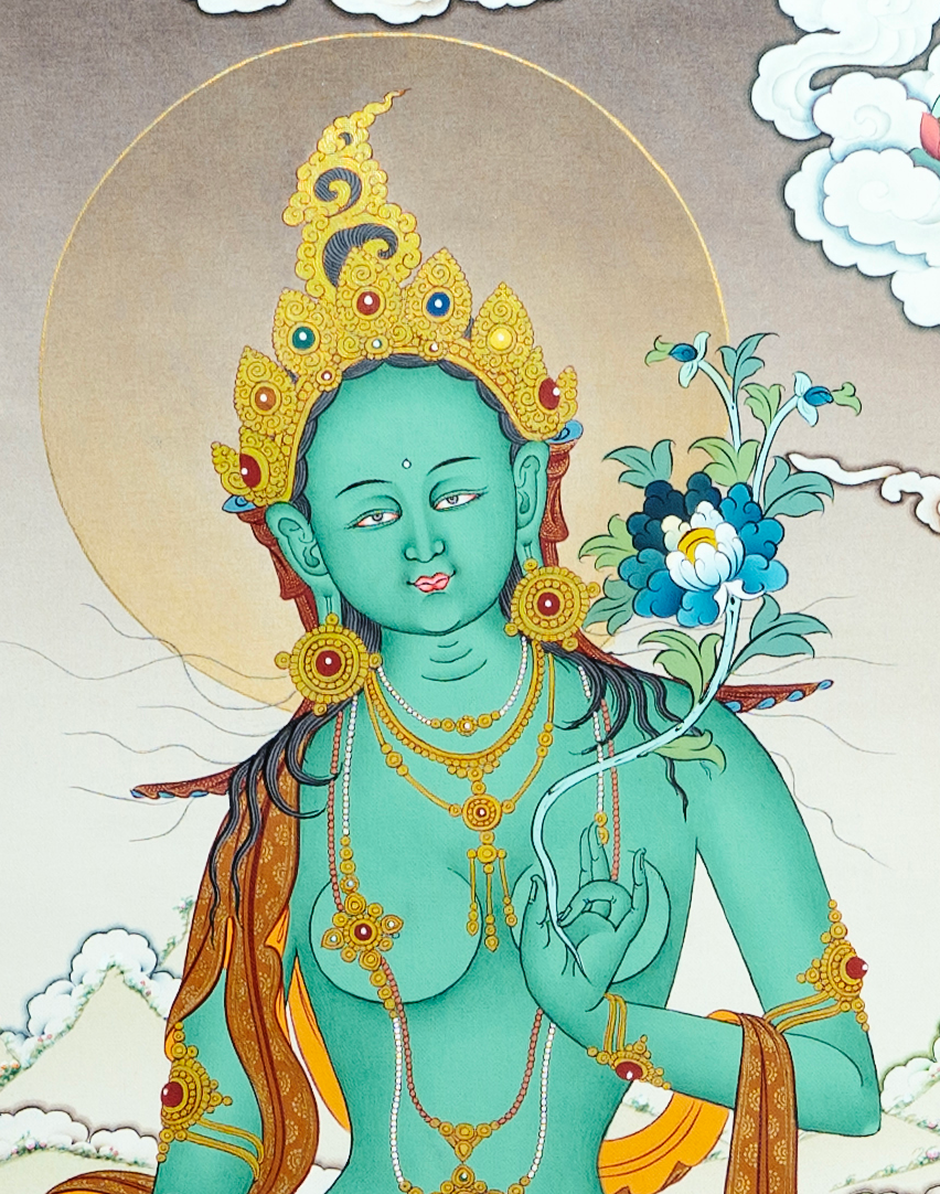 High level masterpiece Green Tara Thangka Painting - T-B-HT-GB-AU-GT-0023