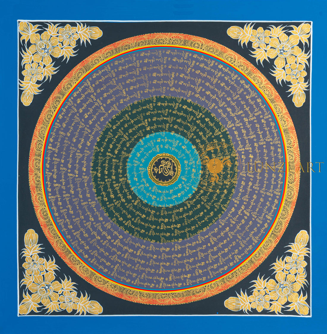 Hum Mantra Mandala Thangka | Hand-Painted Gold & Gradient Sacred Art - T-N-ET-RB-HMM-0060