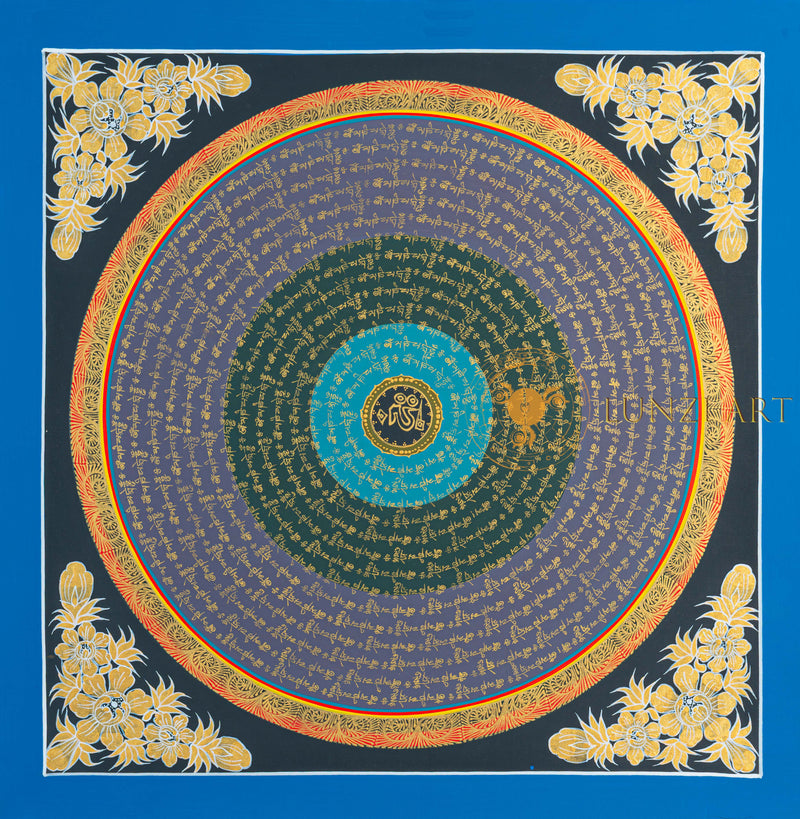 Hum Mantra Mandala Thangka | Hand-Painted Gold & Gradient Sacred Art - T-N-ET-RB-HMM-0060
