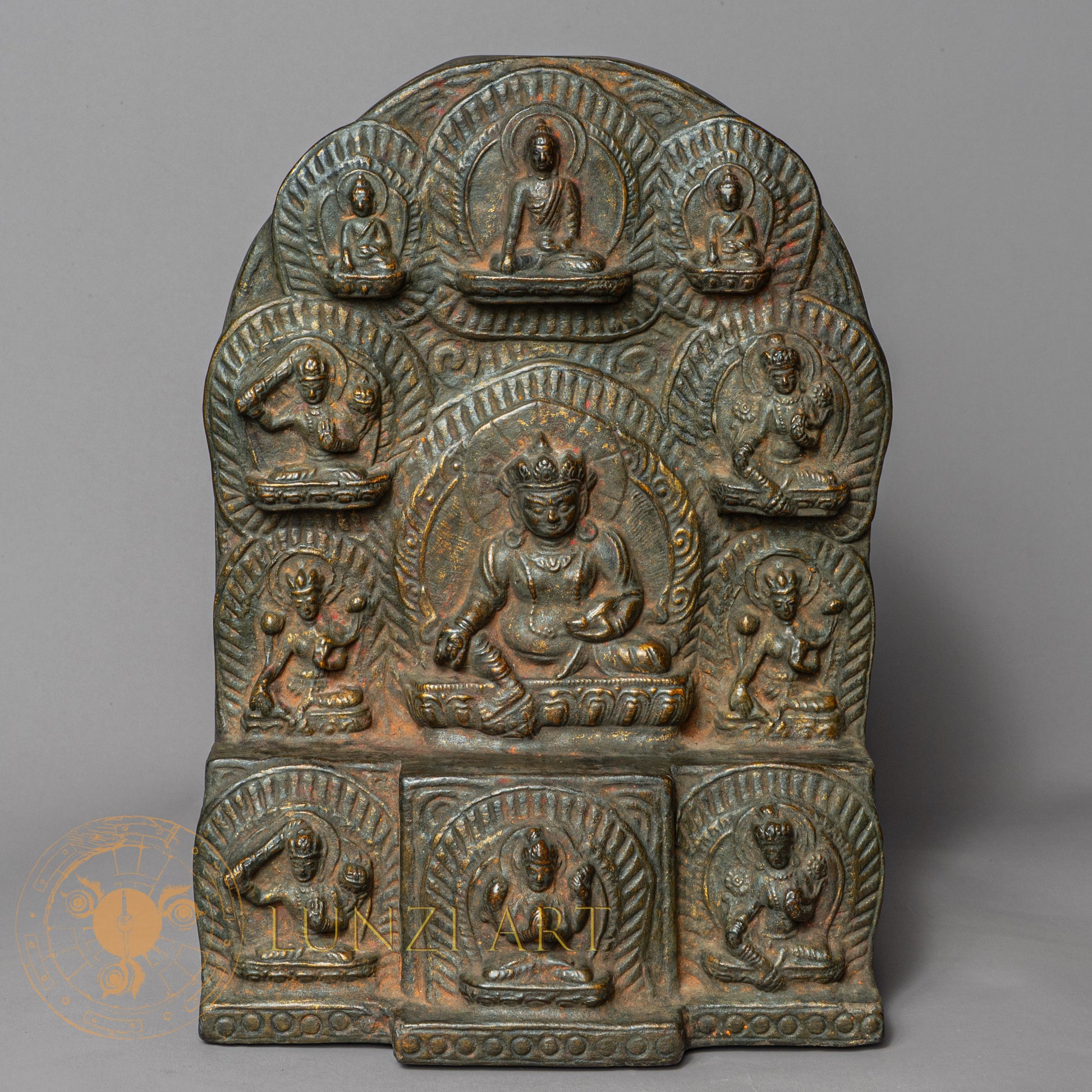 Jambhala Temple Altar | Hand-Carved Wood & Clay Multi-Deity Relief - w-s-sh-ja-0003