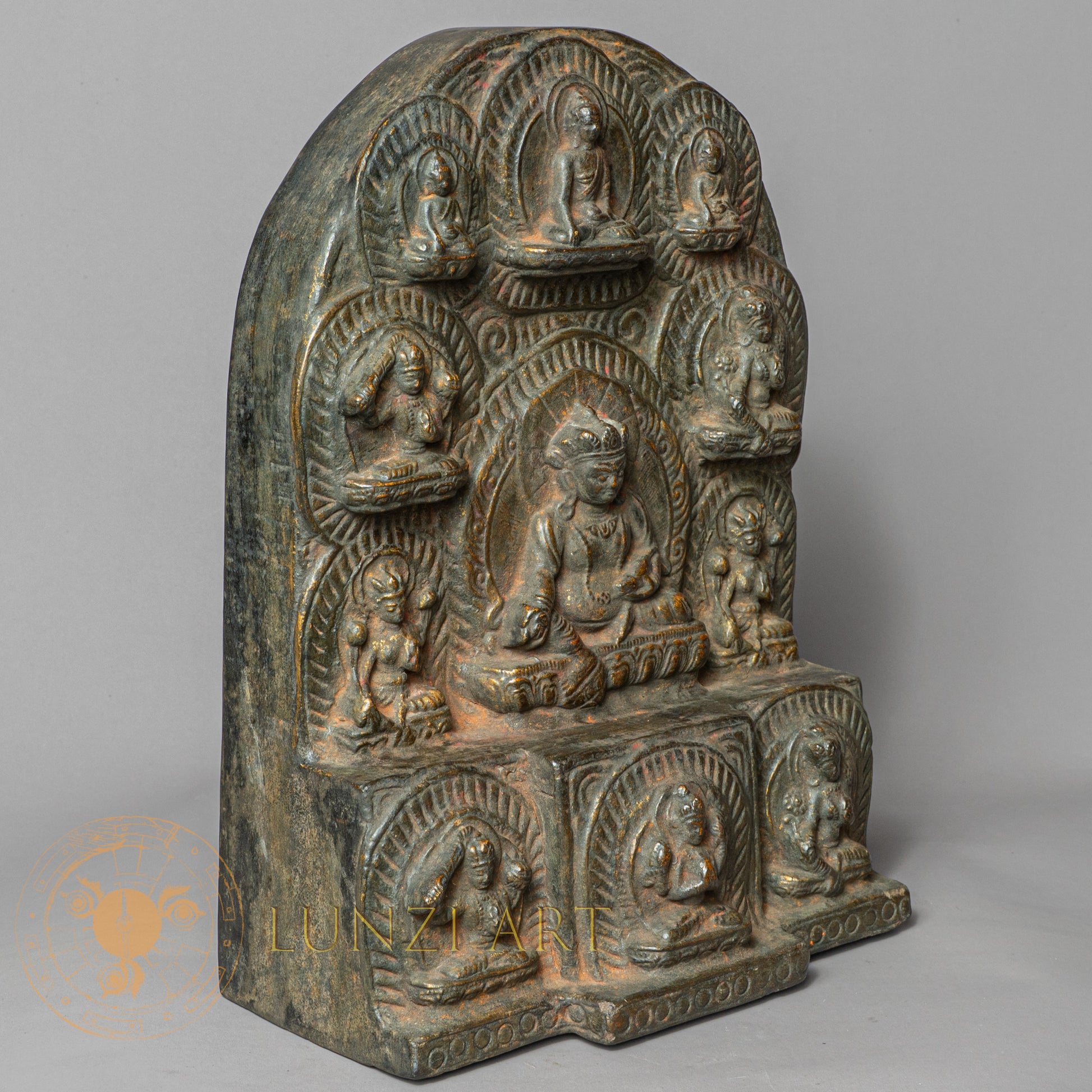 Jambhala Temple Altar | Hand-Carved Wood & Clay Multi-Deity Relief - w-s-sh-ja-0003