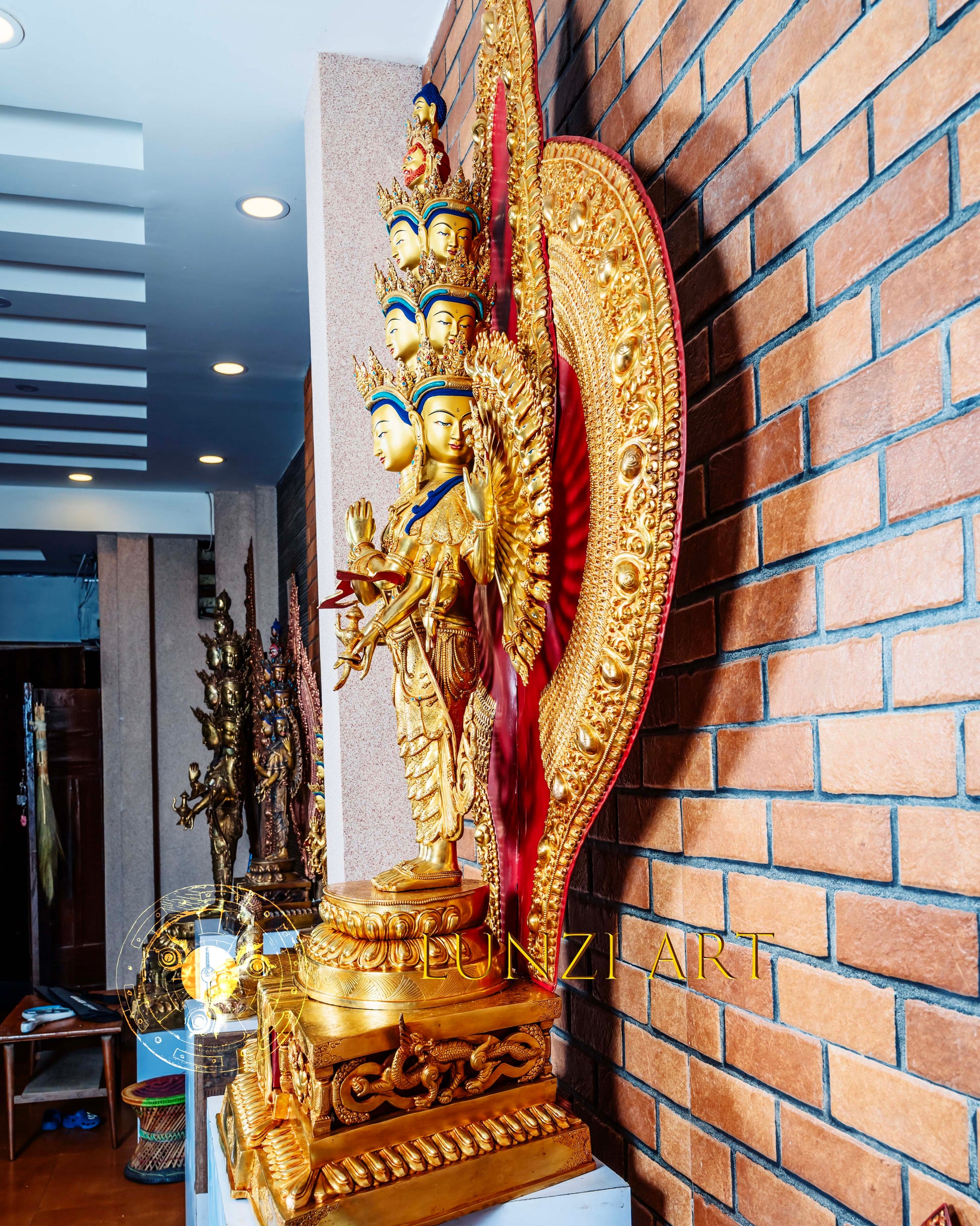 Large Gold Plated Multi-Faced Thousand-Armed Avalokiteshvara Standing Statue in Refined Gilded Copper — A Masterful Creation by a Nationally Certified Artisan - statues