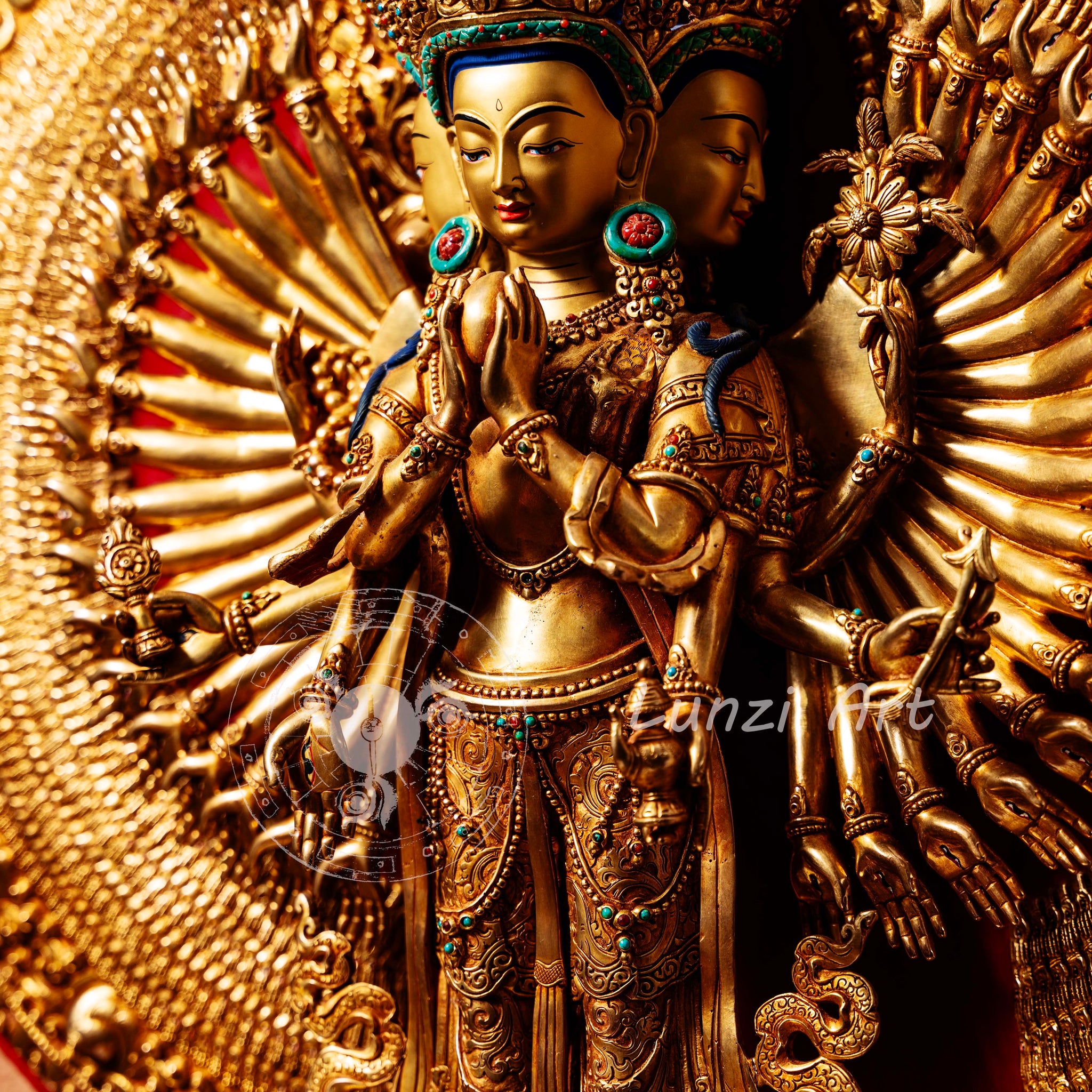 Large Gold Plated refined standing statue of the Thousand-Armed, Multi-Faced Avalokiteshvara, meticulously crafted by a nationally certified master - statues