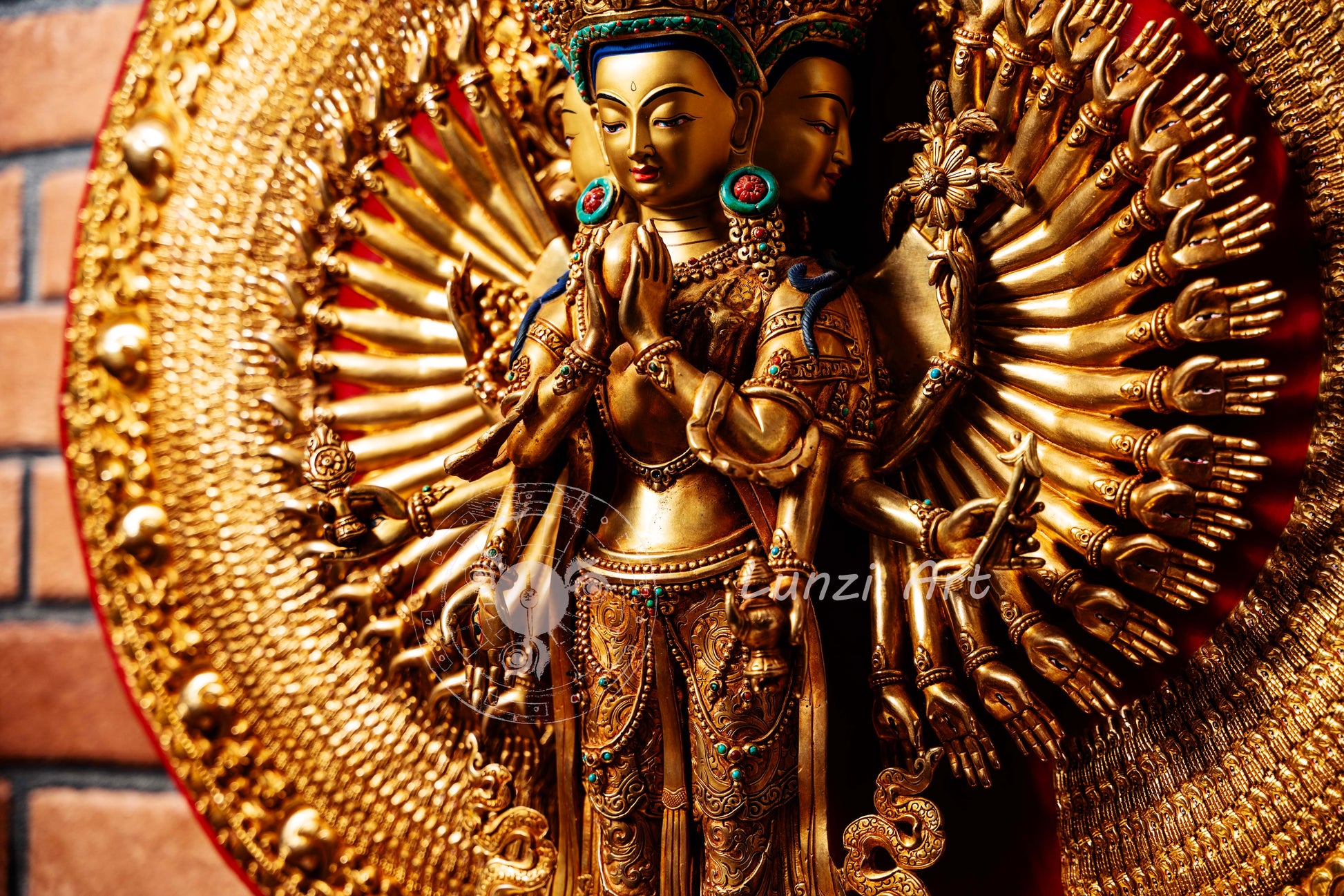 Large Gold Plated refined standing statue of the Thousand-Armed, Multi-Faced Avalokiteshvara, meticulously crafted by a nationally certified master - statues