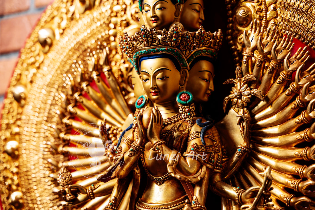 Large Gold Plated refined standing statue of the Thousand-Armed, Multi-Faced Avalokiteshvara, meticulously crafted by a nationally certified master - statues