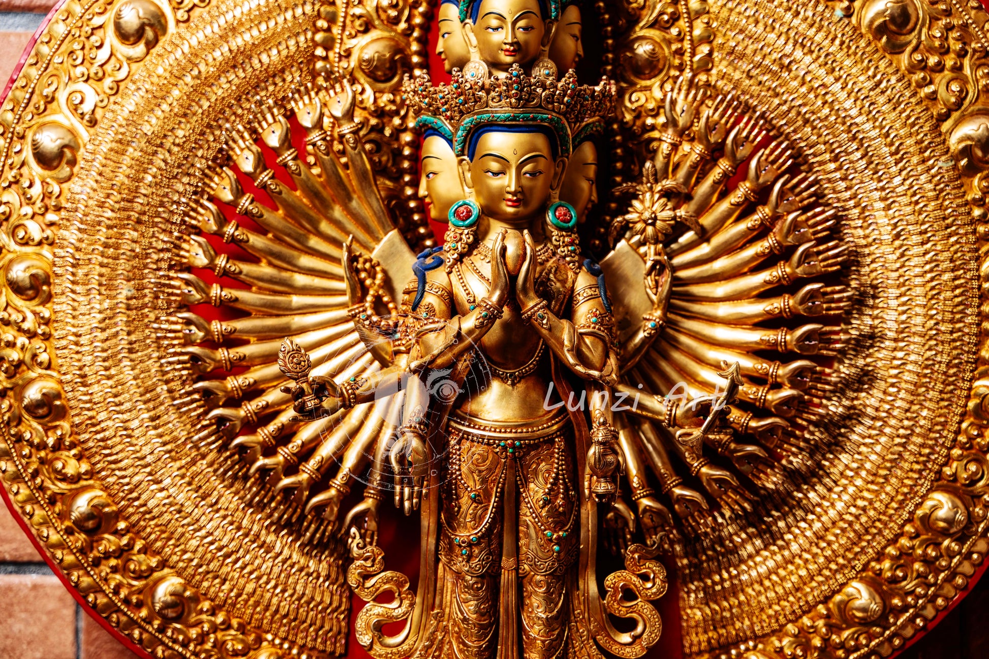 Large Gold Plated refined standing statue of the Thousand-Armed, Multi-Faced Avalokiteshvara, meticulously crafted by a nationally certified master - statues