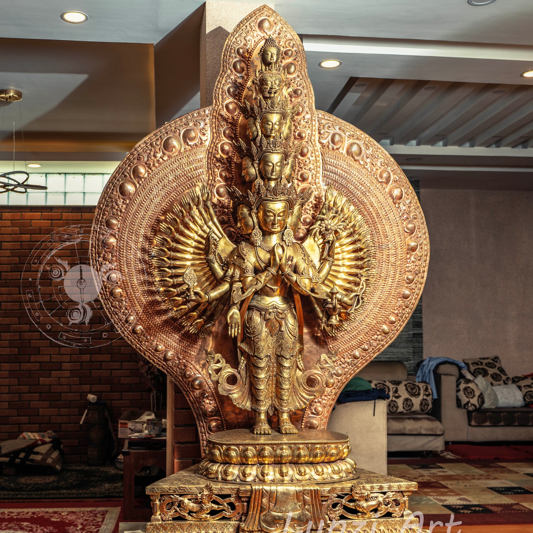 Large refined copper standing statue of the Thousand-Armed, Multi-Faced Avalokiteshvara, meticulously crafted by a nationally certified master - statues