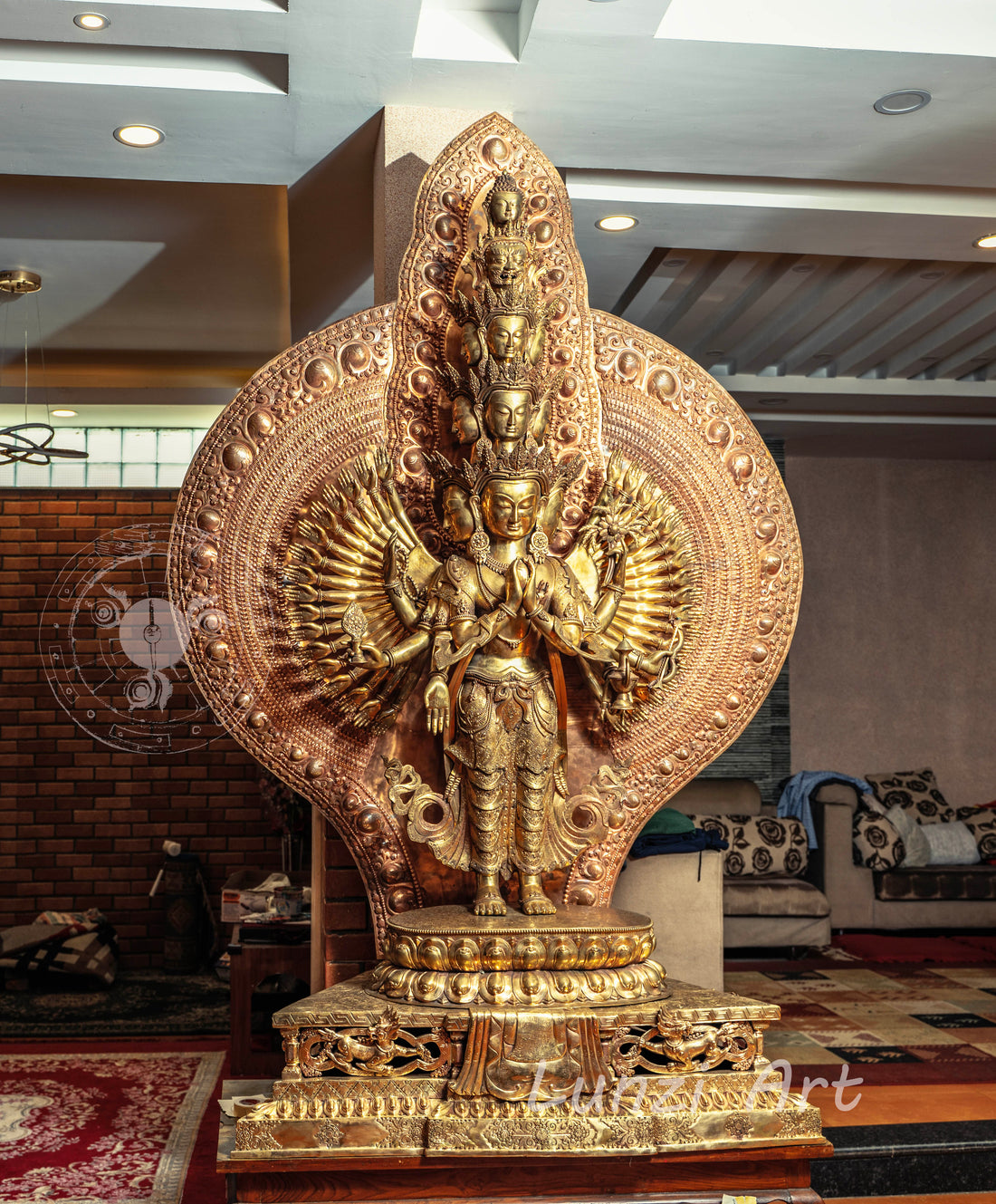 Large refined copper standing statue of the Thousand-Armed, Multi-Faced Avalokiteshvara, meticulously crafted by a nationally certified master - statues
