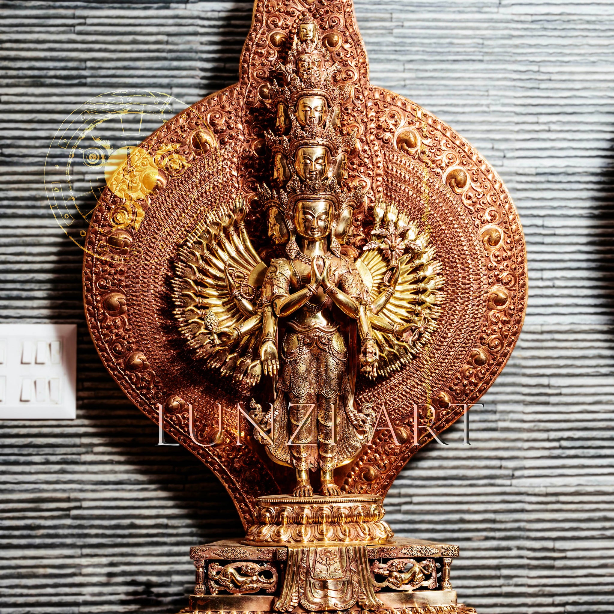 Large refined copper standing statue of the Thousand-Armed, Multi-Faced  Avalokiteshvara, meticulously crafted by a nationally certified master - statues