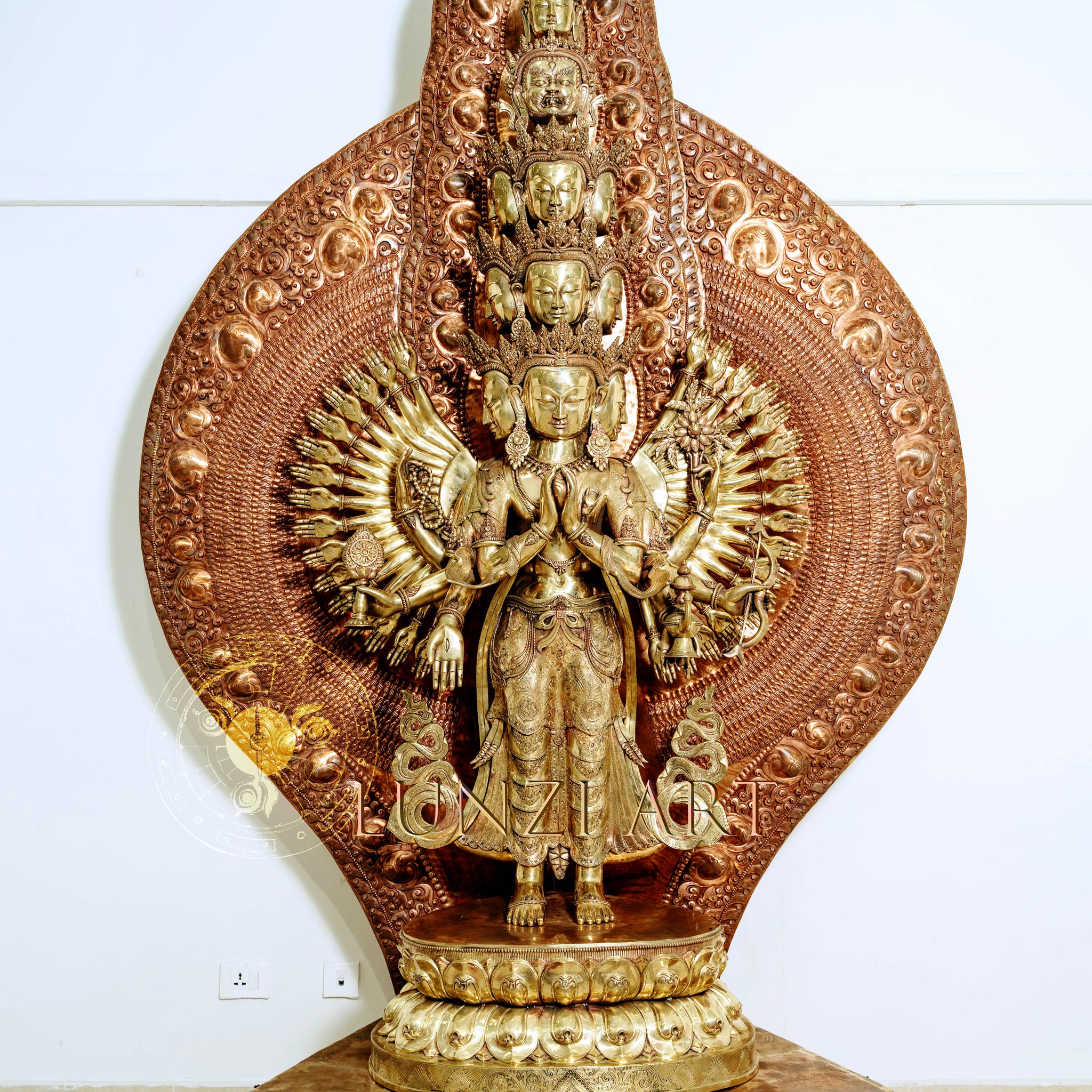 Large refined copper standing statue of the Thousand-Armed,Multi-Faced Avalokiteshvara, meticulously crafted by a nationally certified master - statues