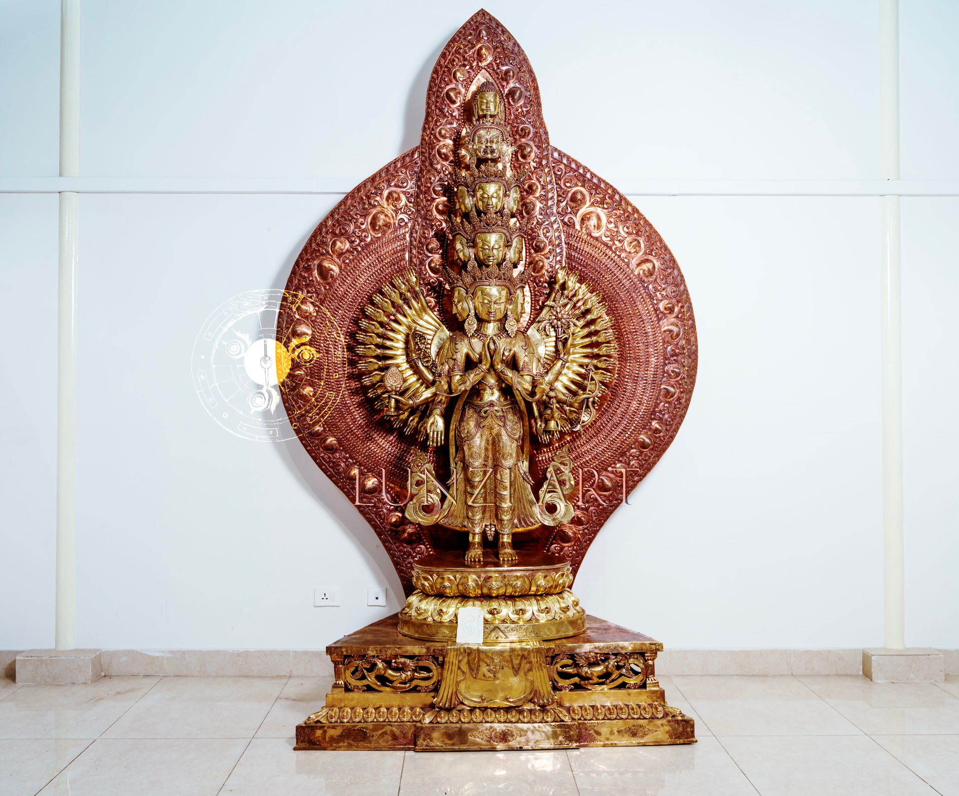 Large refined copper standing statue of the Thousand-Armed,Multi-Faced Avalokiteshvara, meticulously crafted by a nationally certified master - statues
