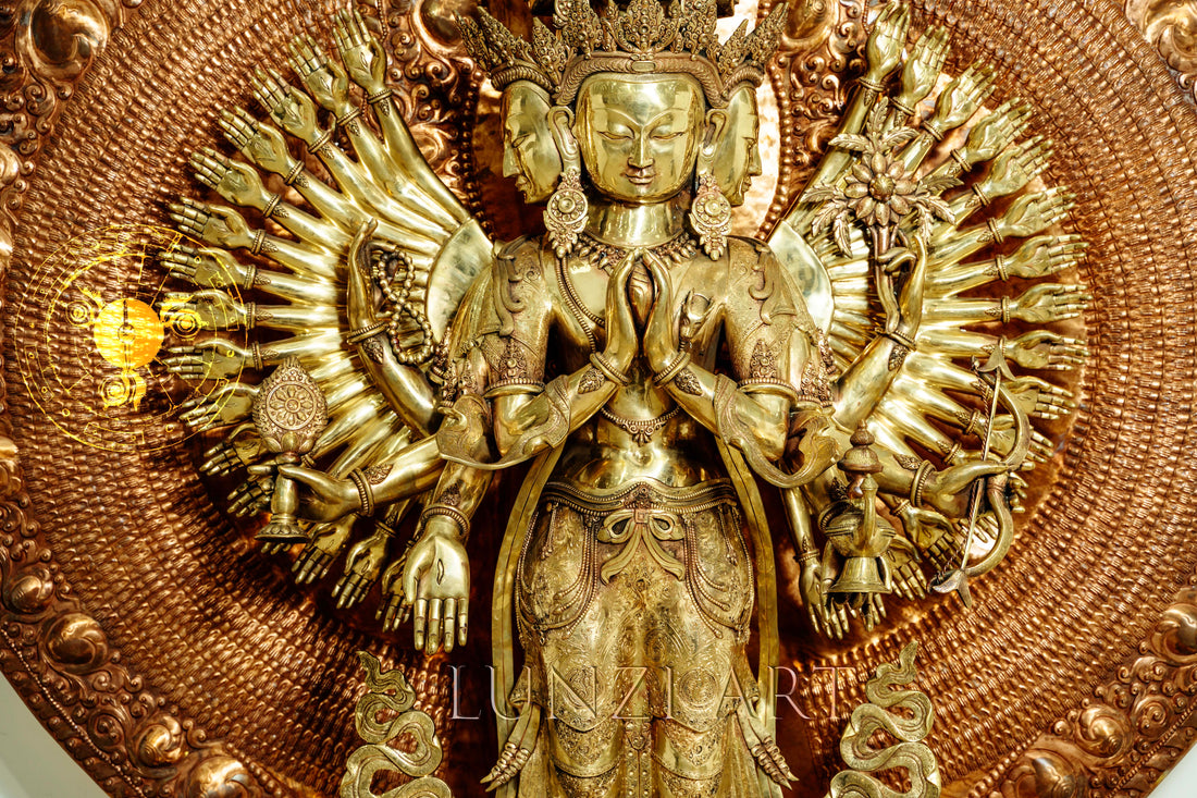 Large refined copper standing statue of the Thousand-Armed,Multi-Faced Avalokiteshvara, meticulously crafted by a nationally certified master - statues