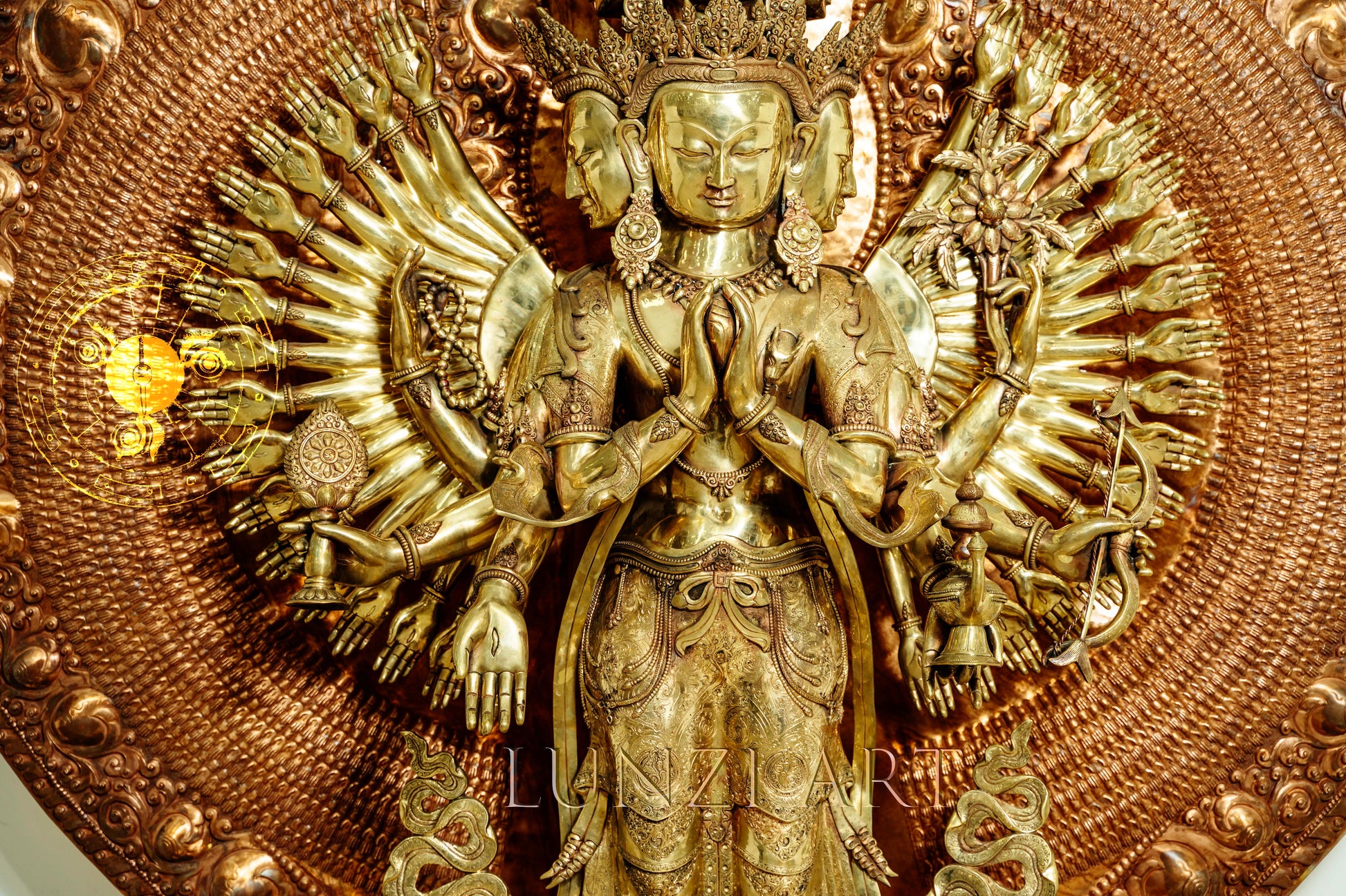 Large refined copper standing statue of the Thousand-Armed,Multi-Faced Avalokiteshvara, meticulously crafted by a nationally certified master - statues