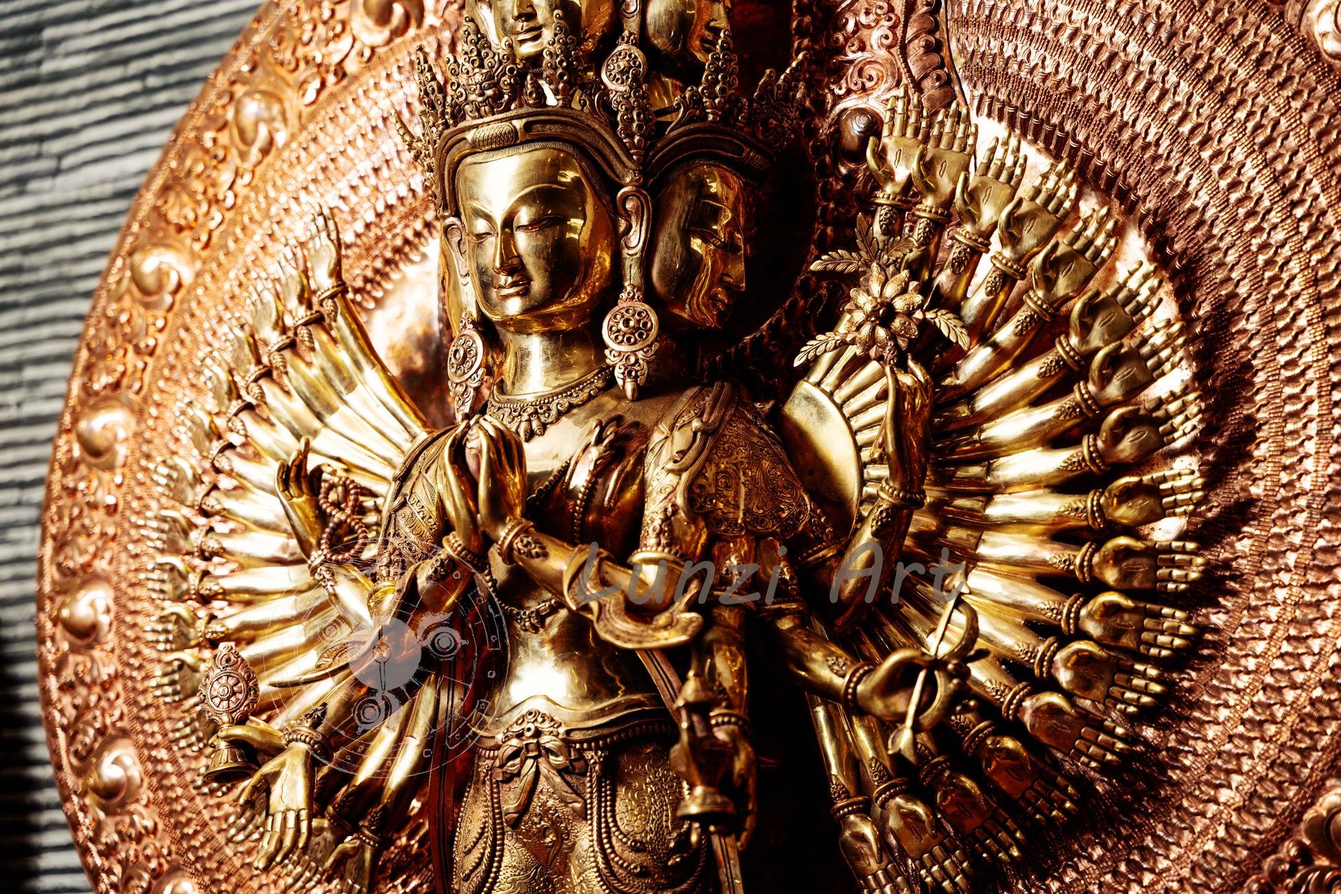 Large refined copper standing statue of the Thousand-Armed, Multi-Faced Avalokitesvara, meticulously crafted by a nationally certified master - statues