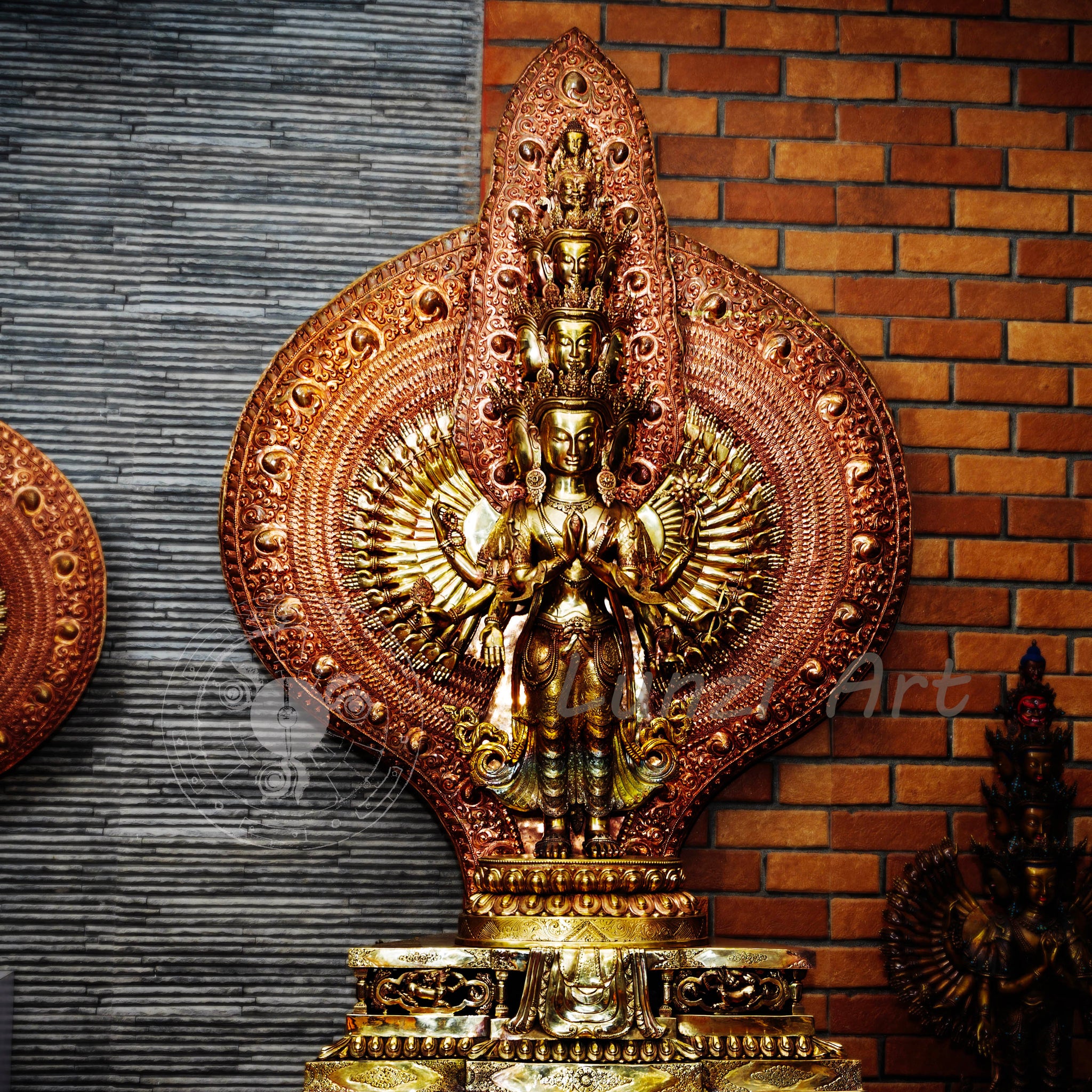 Large refined copper standing statue of the Thousand-Armed, Multi-Faced Avalokitesvara, meticulously crafted by a nationally certified master - statues
