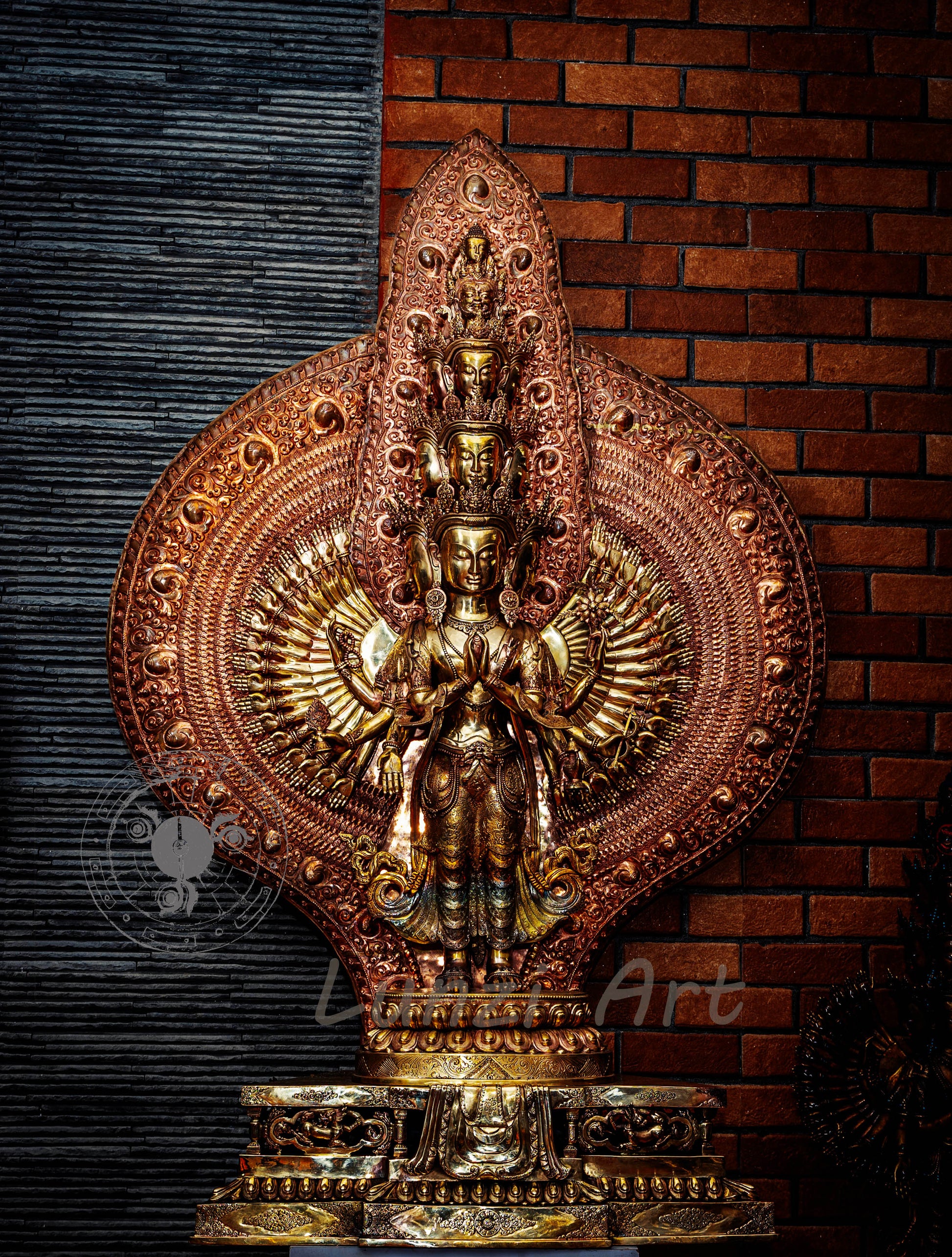 Large refined copper standing statue of the Thousand-Armed, Multi-Faced Avalokitesvara, meticulously crafted by a nationally certified master - statues